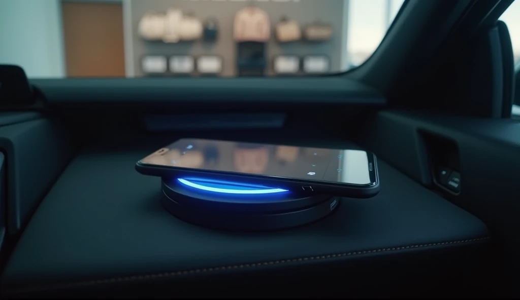 A close-up shot of the wireless charging pad inside the 2025 Honda Civic, with a modern smartphone placed on it, captured in cinematic ultra HD 8K quality. The pad emits a soft blue glow indicating active charging. The showroom background features a display section for in-car accessories.