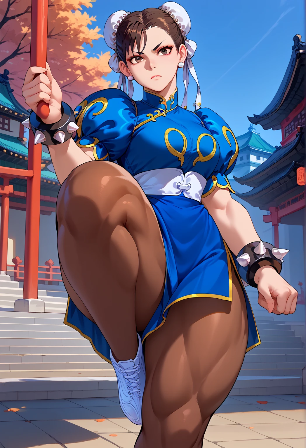 chun li, olhos lindos, olhar serio, belas coxas, brown pantyhose, belas pernas,belas coxas, pose de vitoria, cidade a noite,botas brancas