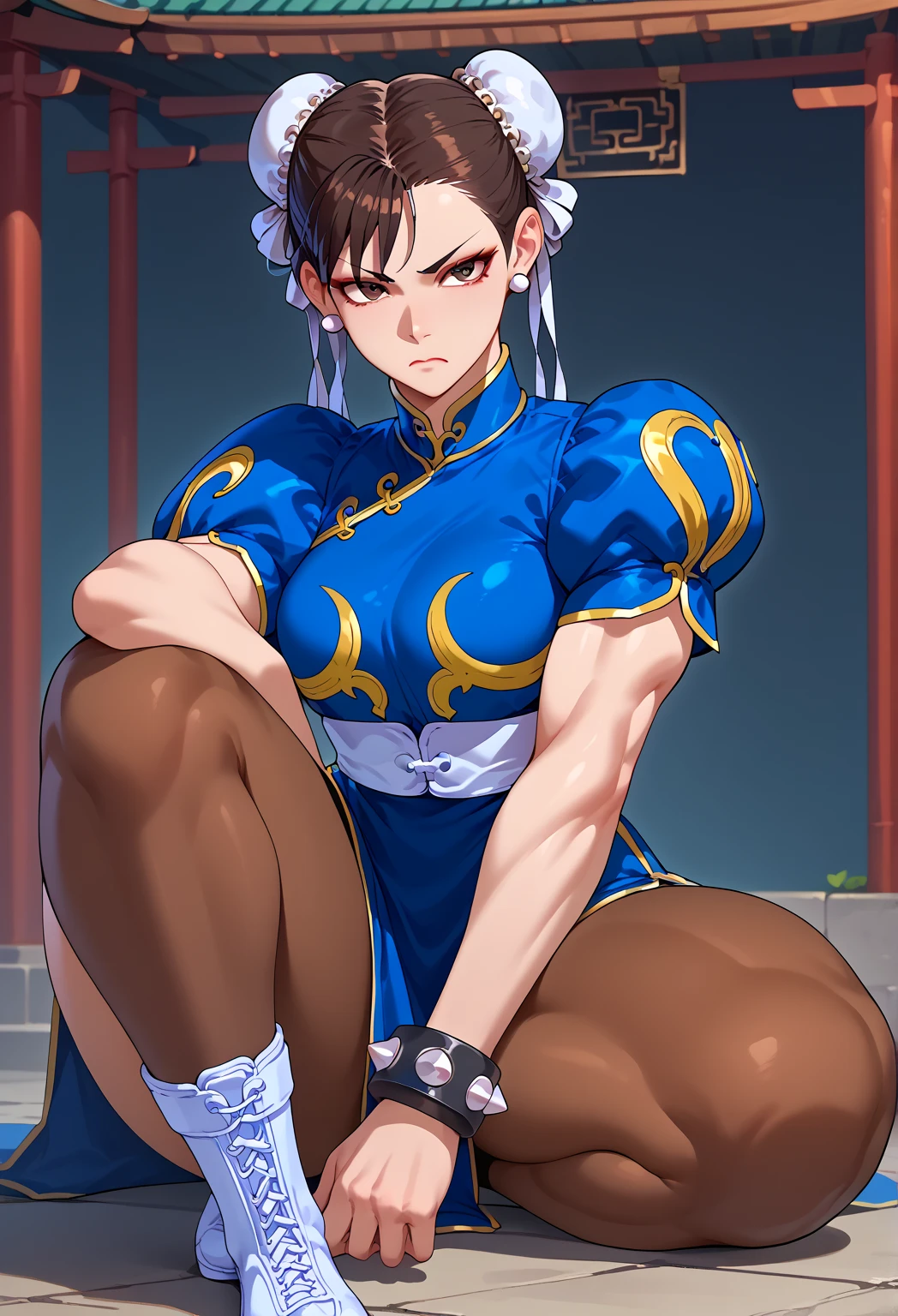 (masterpiece)、(Best image quality)、(Very detailed)、(Very detailed)、4K、(8K)、Best image quality、(beautiful),1 Girl,Huge breasts、Thick thighs、Noise Reduction、Emphasis on the crotch、Breast augmentation、(Transparent black pantyhose:1.2),squat,Spread your legs,pubic hair,(nsfw :1.2),pubic hair,blush,Sweating,(Chunli:1.3)