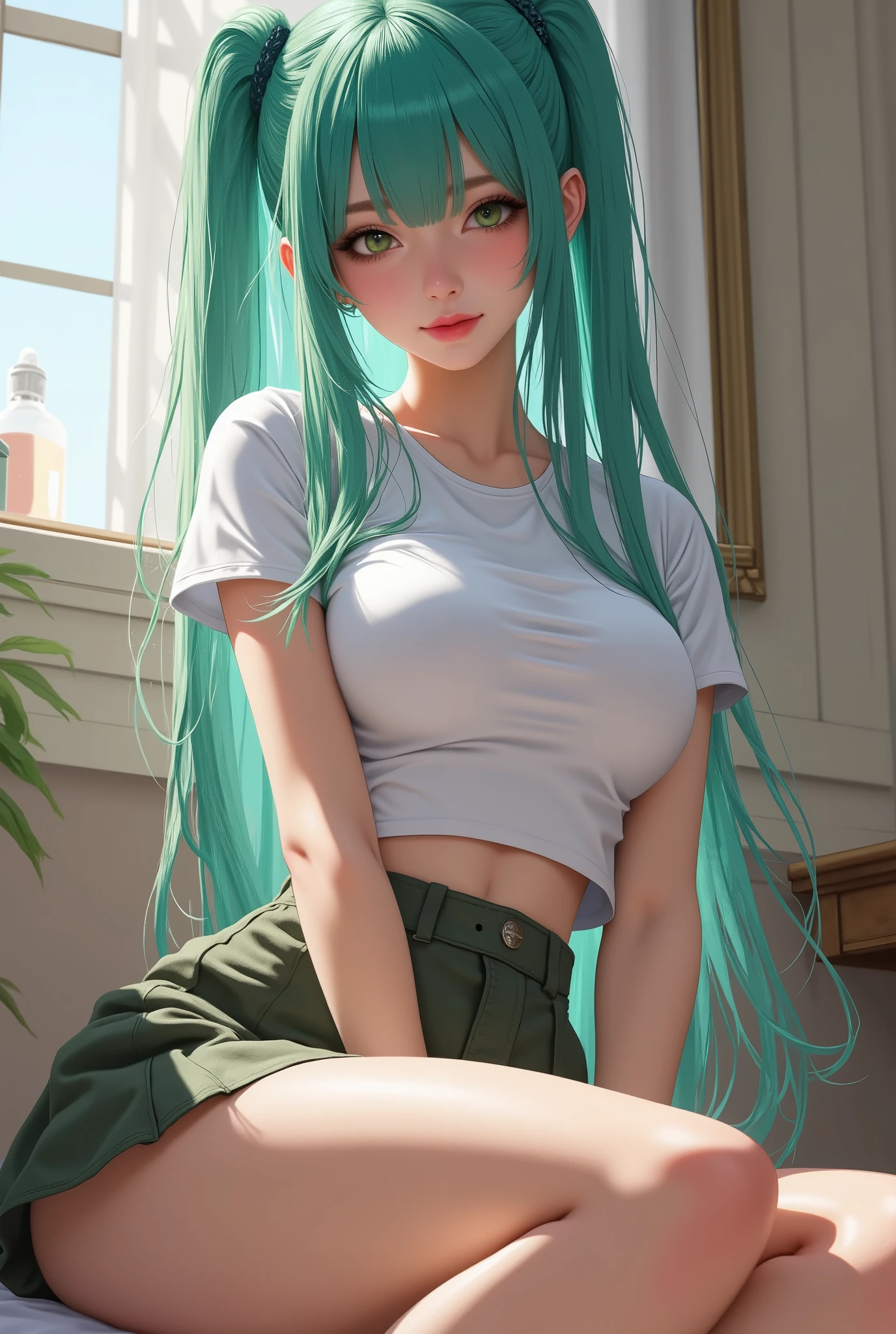 (8k, best quality, masterpiece: 1, 2), (realistic, realistic: 1, 37), top quality, masterpiece, no inner inside, glasses, green hair, long hair, bangs, big ponytail, heterochromia, blue pupil of left eye, red pupil of right eye, angel wings, head ring, white head flower, casual wear, black backpack strap, neck strap, bare foot, bare foot, single foot, leg ring, flat chest, tomboy