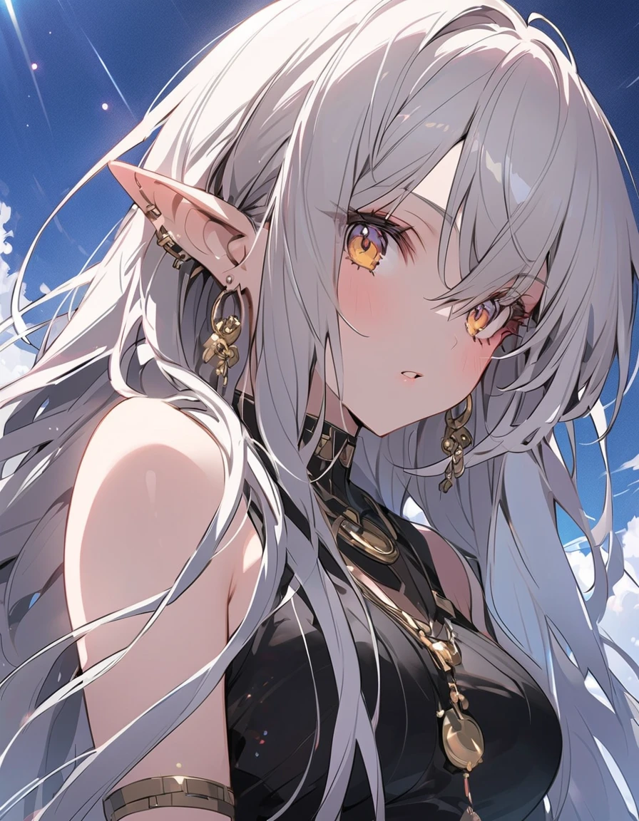 masterpiece, mackerel, best quality, very detailed, wallpaper, conversationally, Brushstrokes, pointy ears, yellow eyes, slit student, Beautiful woman, normal chest, Sky blue