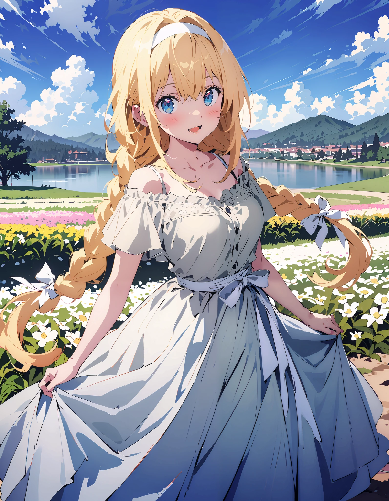 Alicesburg,  Alice Sberg , Alone,bangs,  blue eyes,   blond hair,  smile,blush, open your mouth, hair between eyes, Very long braids,  single braided , headband, white  headband,yellow off-the-shoulder dress,Medium breast, white long skirt, cute heeled sandals , are standing, Flower blowing snow, style so that the whole body is in the illustration ,
break outdoors, Flower Field, Compa,Large Lake,Mountain,
break looking at viewer,
break ( Masterpiece:1.2), top quality , kampala, Unity 8k Wallpaper,(shape:0.8),(  fine, beautiful eyes  :1.6),It's a person , full body photo,CG Details , ( perfect hands, Complete Anatomy),