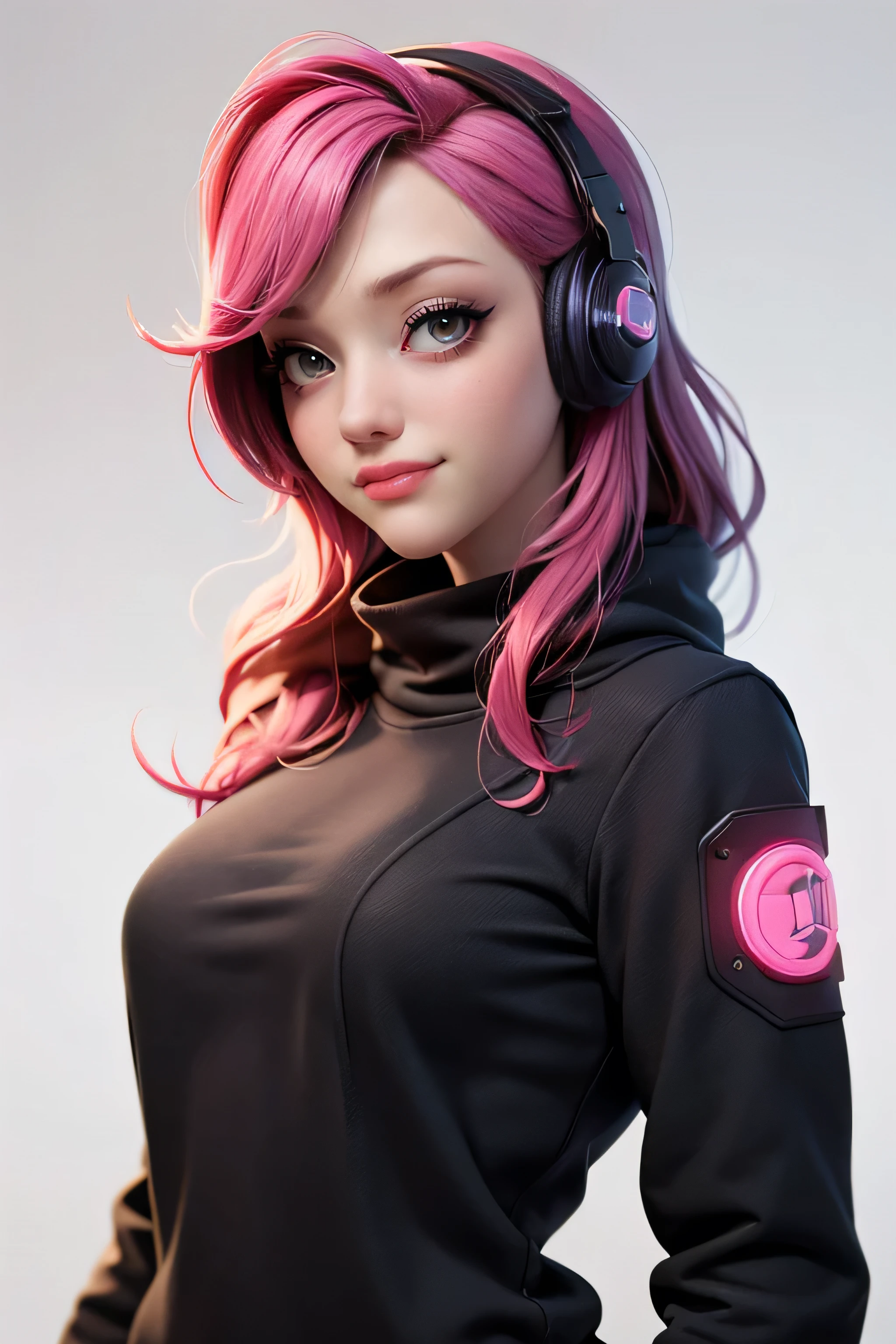 sam yang, 1girl, bangs, pink_hair, headphones,, breasts, cleavage, closed_mouth, crossed_arms, small_breasts, lips, long_hair, looking_at_viewer, solo, upper_body, ((masterpiece)) <lora:samdoesartsSamYang_normal:0.7>