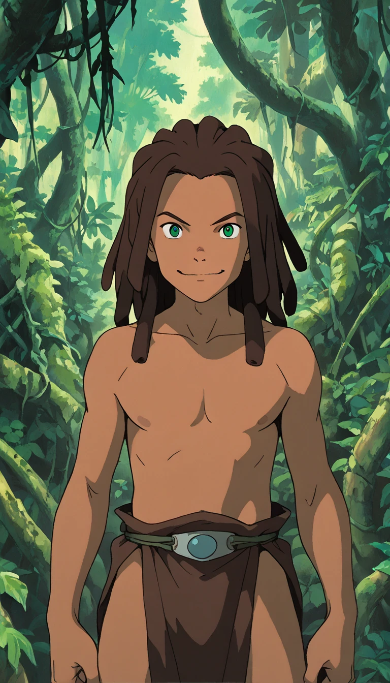 (1boy, ytarzan), (extremely detailed CG unit 8k wallpaper),(master part), (best quality), (ultra detail), (best illustration),(ghibli_style), cowboy shot, standing, facing viewer, looking at viewer, perfect face, perfect eyes, perfect fingers, (Sharp eyeliner, ombre, detailed eyes:1), traditional media, ghibli landscapes, scenery, jungle ruins, tree, vines,
 branch, outdoors, break , upper body, solo, evil smile, (brown hair, long hair, green eyes, dark skin, dreadlocks, brown loincloth)