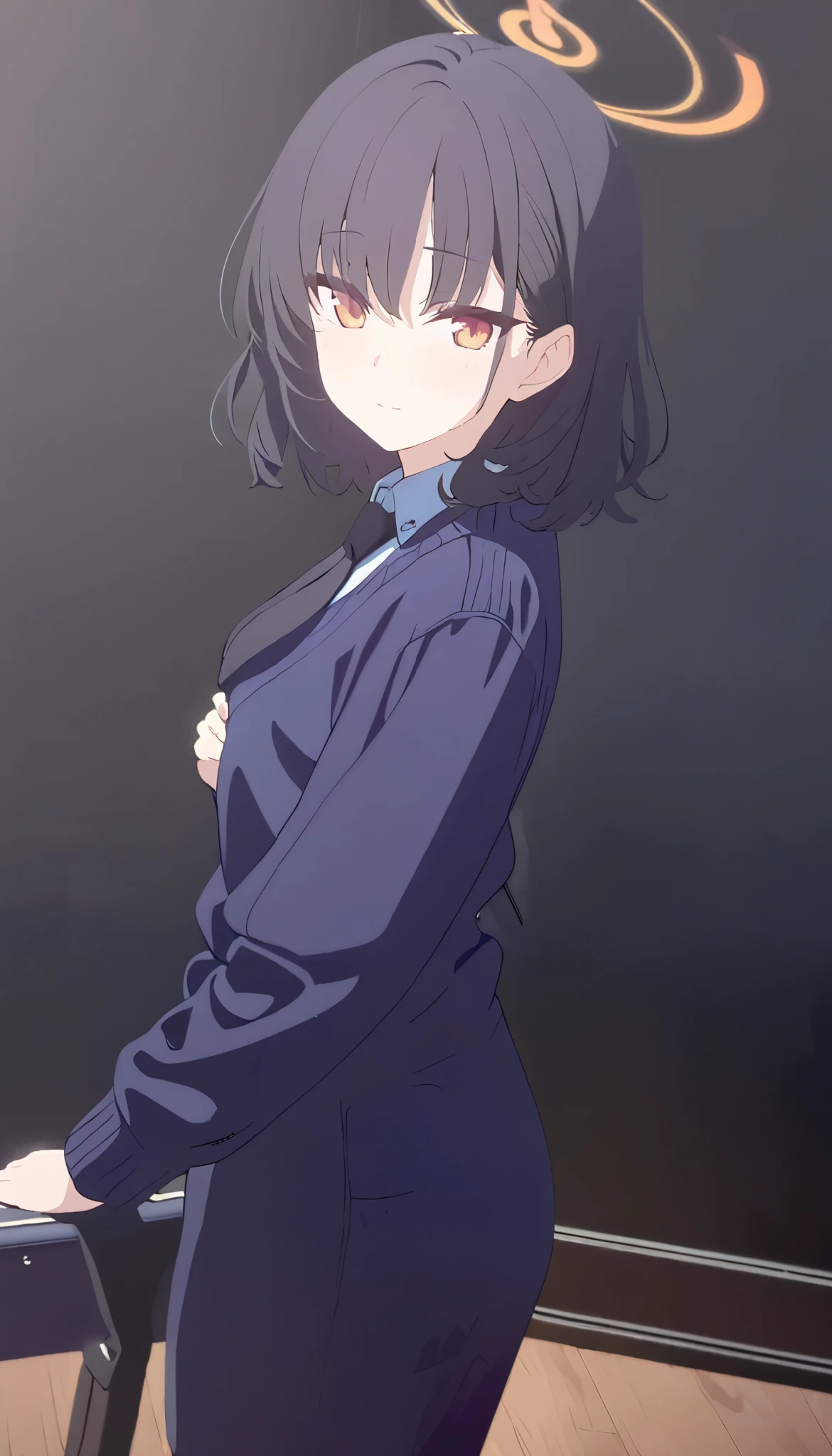 masterpiece, high quality, 1girl, solo, black hair, medium hair, orange eyes, dim eyes, orange halo, small breast, blue uniform, black tie, standing, looking at viewer, warm, relaxed, calm, casual, black background only