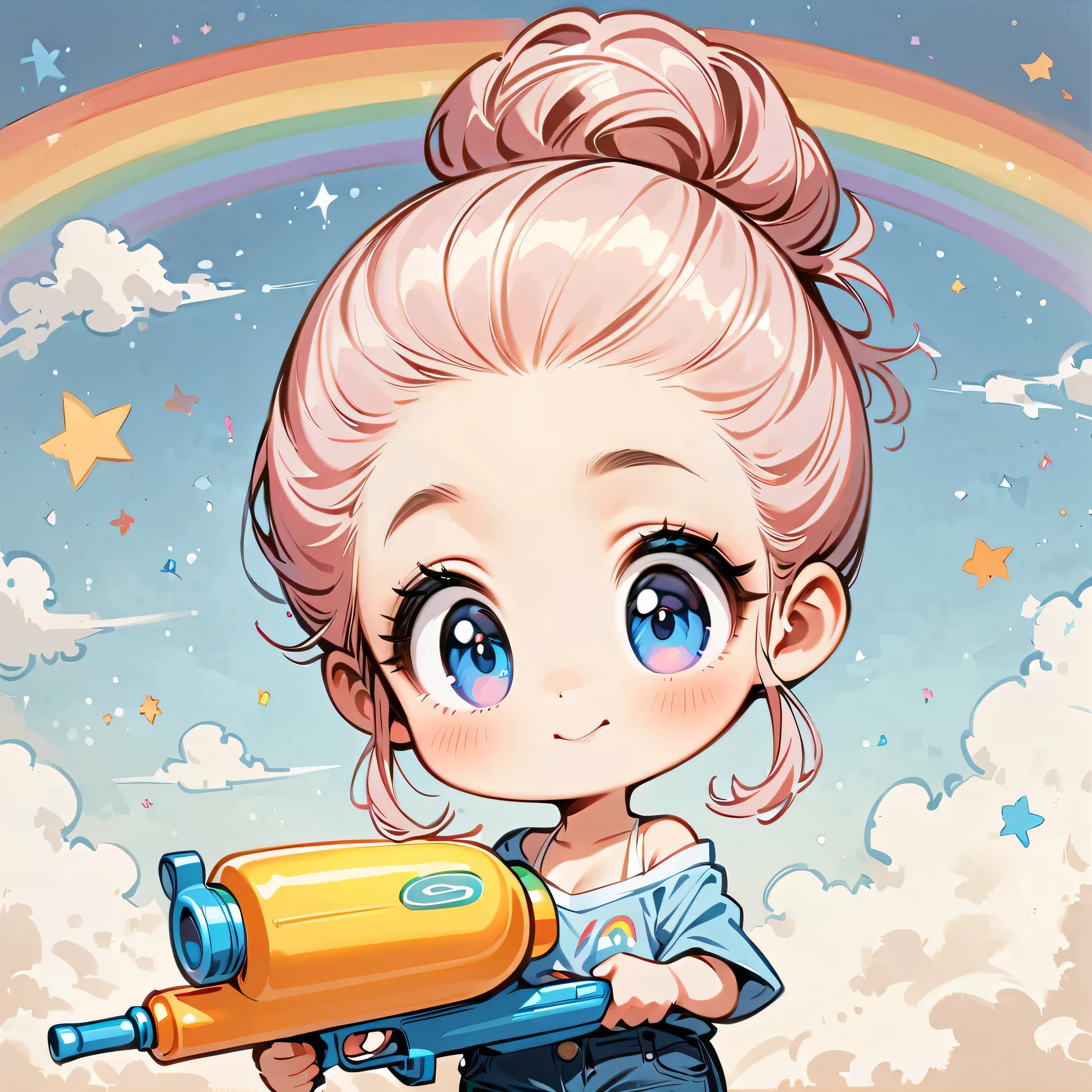 Wearing short jeans pants、Girl with pale pink hair、Forehead exposed and bun hairstyle、Paint a rainbow on a blue sky background、Play with a water gun、Cartoon style character design,interesting,interesting,Clean Lines