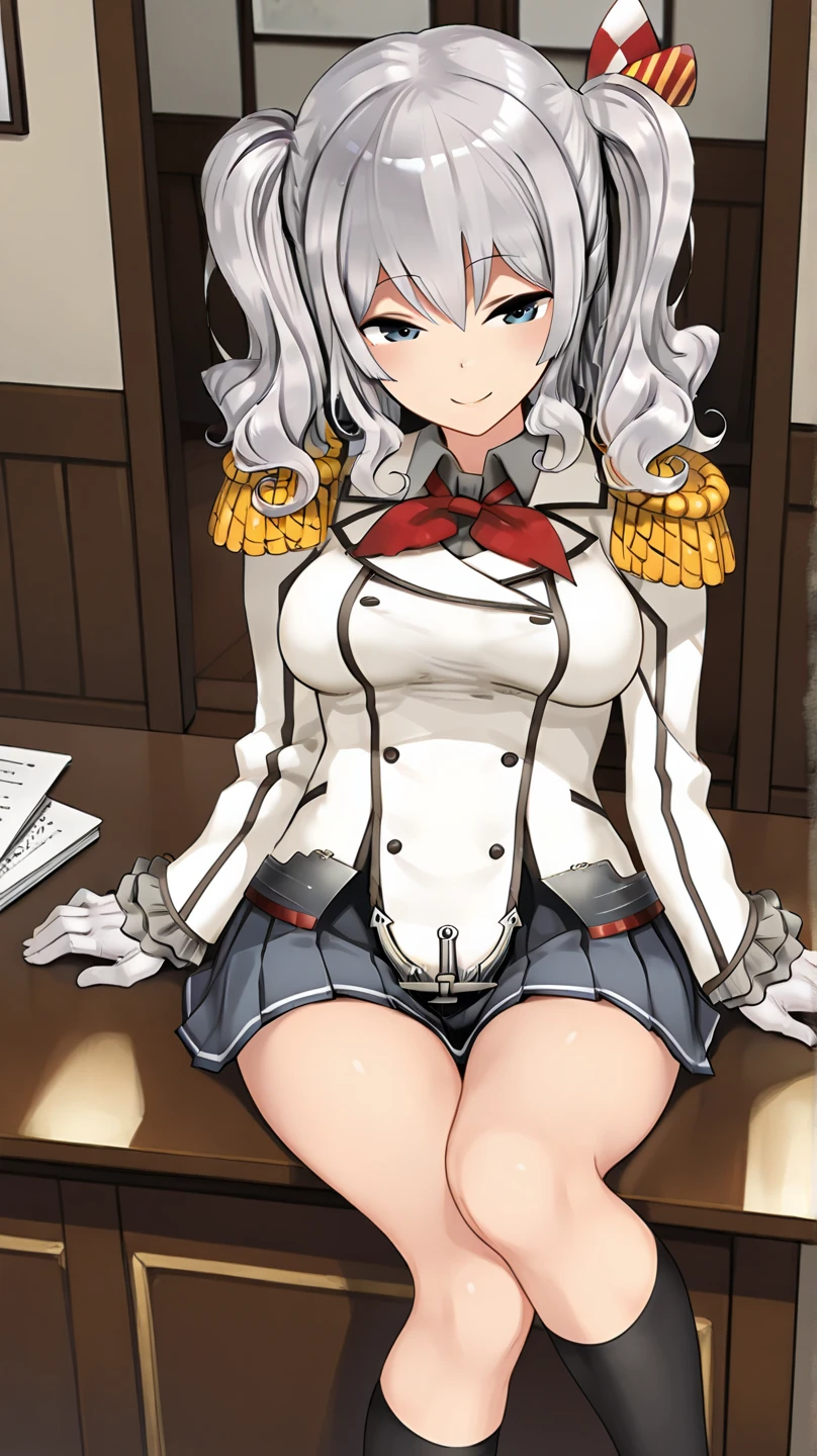 1girl, solo, masterpiece, best quality, blush, indoors, rossing legs, windows, sitting on desk, pov, KashimaOG, kashima \(kancolle\), grey hair, blue eyes, wavy hair, twin tails, tsurime, beret, epaulettes, frilled sleeves, jacket, large breasts, long sleeves, military, military uniform, miniskirt, pleated skirt, red neckerchief, tsurime, white gloves, anchor