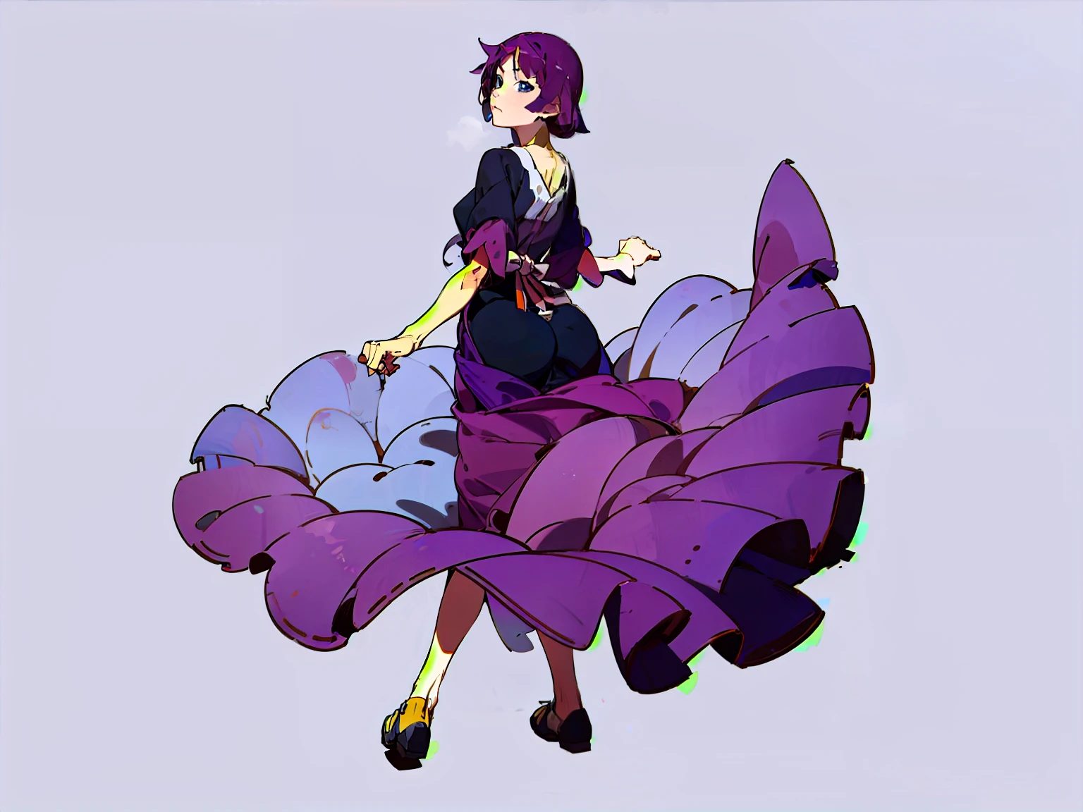 ((masterpiece)),(((best quality))),(character design sheet, same character, front, side, back), illustration, 1 girl, hair color, hairpin, bangs, hairstyle fax, eyes, environment Scene change, hairstyle fax, pose Zitai, female, ancient princess, charturnbetalora, (simple background, white background: 1.3) senjougahara Hitagi, purple hair, blue eyes, black with purple dress. Magical starry dress