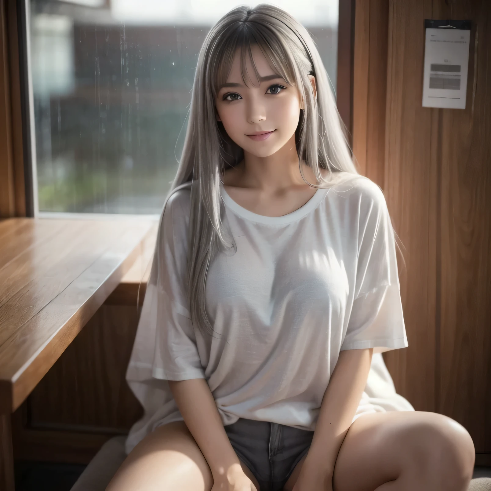 8k, top quality, focus on face , Soft light, ( depth of coverage) ,超 high resolution, ( photorealistic:1.4), RAW Photo , ( moody writing, night :1.2), bedroom,
(Upper thigh:1.4)
1 Japanese girl, Alone, cute, cute, (shy, smile:1.1), ( brown eyes), natural face, top quality , very detailed, Cinematic Lightning , Intricate Details , high resolution , Official Art, beautiful face and eyes in every detail, high resolution イラスト, 8k, depth of coverage, Bokeh, alone, in the seat, Girl with grey hair and dark brown eyes , Long white hair, mesmerizing around her pelvis , beautiful view, Rainy Town, upper body, stares intently at viewers , close
(Sitting in a grey linen chair)
break
( White Naked Oversized T Shirt:1.2)