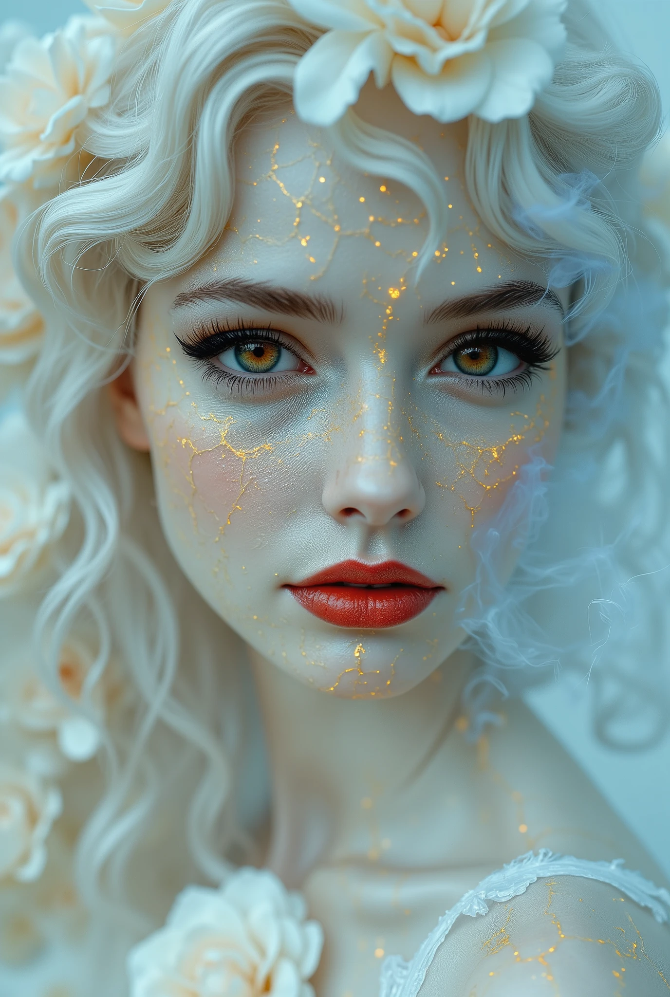 Close-up portrait of a statue of a woman. Her head and body are made of ivory and smooth with numerous, glowing, fine, hairline cracks covering the head and down her neck creating an organic mosaic pattern. She is biomechanical. Her eyes are an intense hazel color with black eyeshadow, and her lips are a rich, deep red color. A spot light focuses on her eyes, creating strong highlights and shadows. The light background is softly blurred showing a sea of white rose petals, but is blurred and out of focus so all visual attention is on the woman's eyes, nose and mouth. Her hair is stark white and falls around the lower half of the image. She is blending in with the background. She is looking at the viewer intensely. Blue and white smoke surround her body. She is like a bust. The overall impression is one of dramatic beauty, with an almost otherworldly quality. (((ultra-realistic style))), realistic soft lighting, eye-catching, atmospheric lighting, smokey environment, natural, shallow depth of field, (highlights: 0.8), high detail (dynamic, sincere, cinematic shot, film grain, bokeh, depth of field)