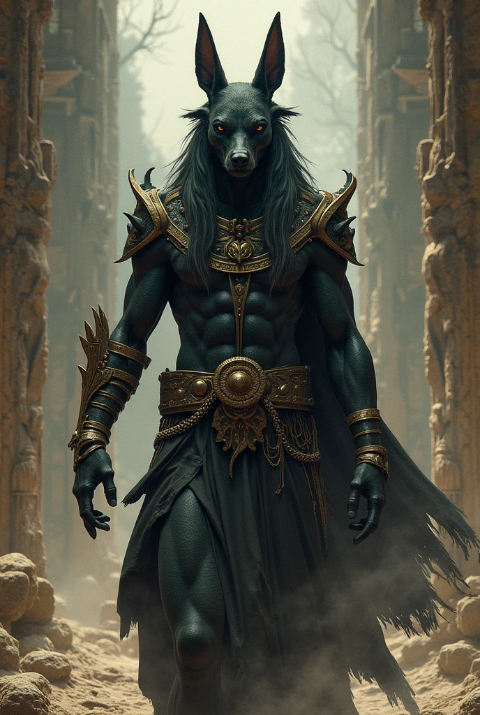The art god of the Myuska culture.
He is a tall man with dark, shiny skin and long black hair, sleek. He has a wolf head that he uses to cover his face and a wolfskin cloak. He has a fox or wolf tail. Wear a long white woolen cloth as clothing and a large gold ring that he wears on his waist. 