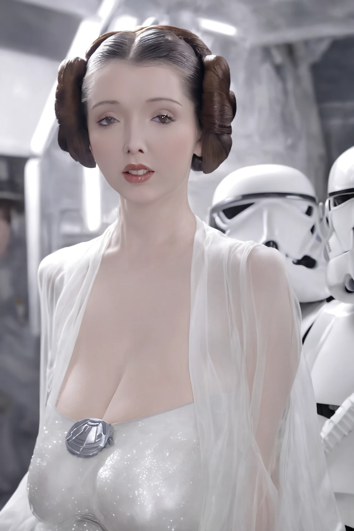 a beautiful woman with Lucie Wilde's face dressed as Princess Leia in a translucent white sheer gown, revealing her body, with an iconic side bun hairdo, receiving hard anal sex from huge dick stormtroopers on a space station, highly detailed, photorealistic, 8k, studio lighting, cinematic composition
