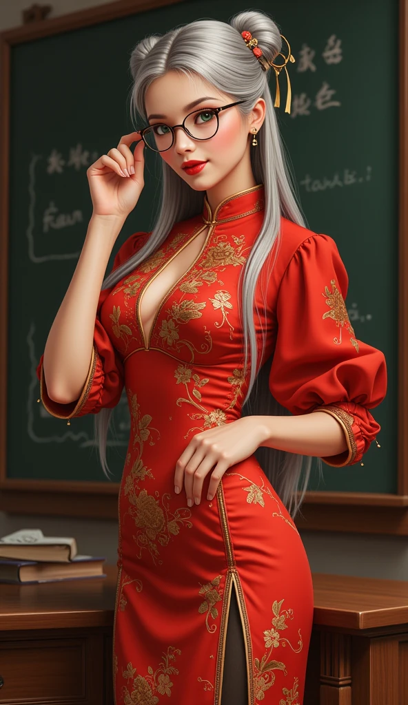 Chinese Idol Evening Classroom Mature Woman 50 talents Blonde wavy hair with bangs Rimless Glasses Bright red rouge lips suit female teacher after school