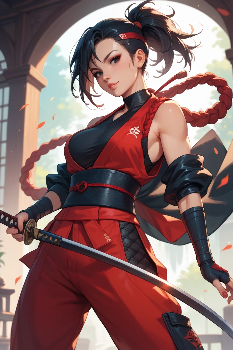  20-year-old (Dark skintone) Assassin wearing black, red arm braces, no hood red sash, black hair brown eyes in a temple, with a dagger in his left hand and a katana in his right hand