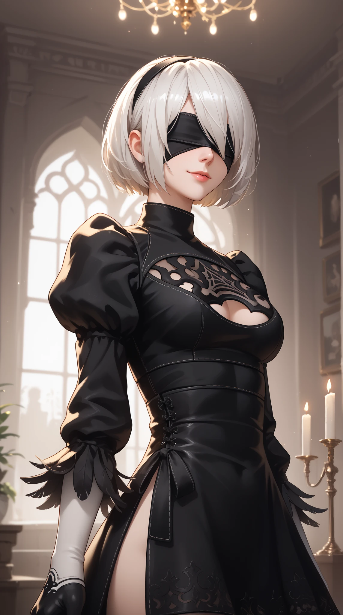 score_9, score_8_up, score_7_up, score_6_up, score_5_up, score_4_up, 2BNAXL, blindfold, black blindfold, hairband, white hair, short hair, medium breasts, clothing cutout, cleavege cutout, black dress, puffy sleeves, feather-trimmed sleeves, black gloves, seductive smile, looking at viewer, indoors