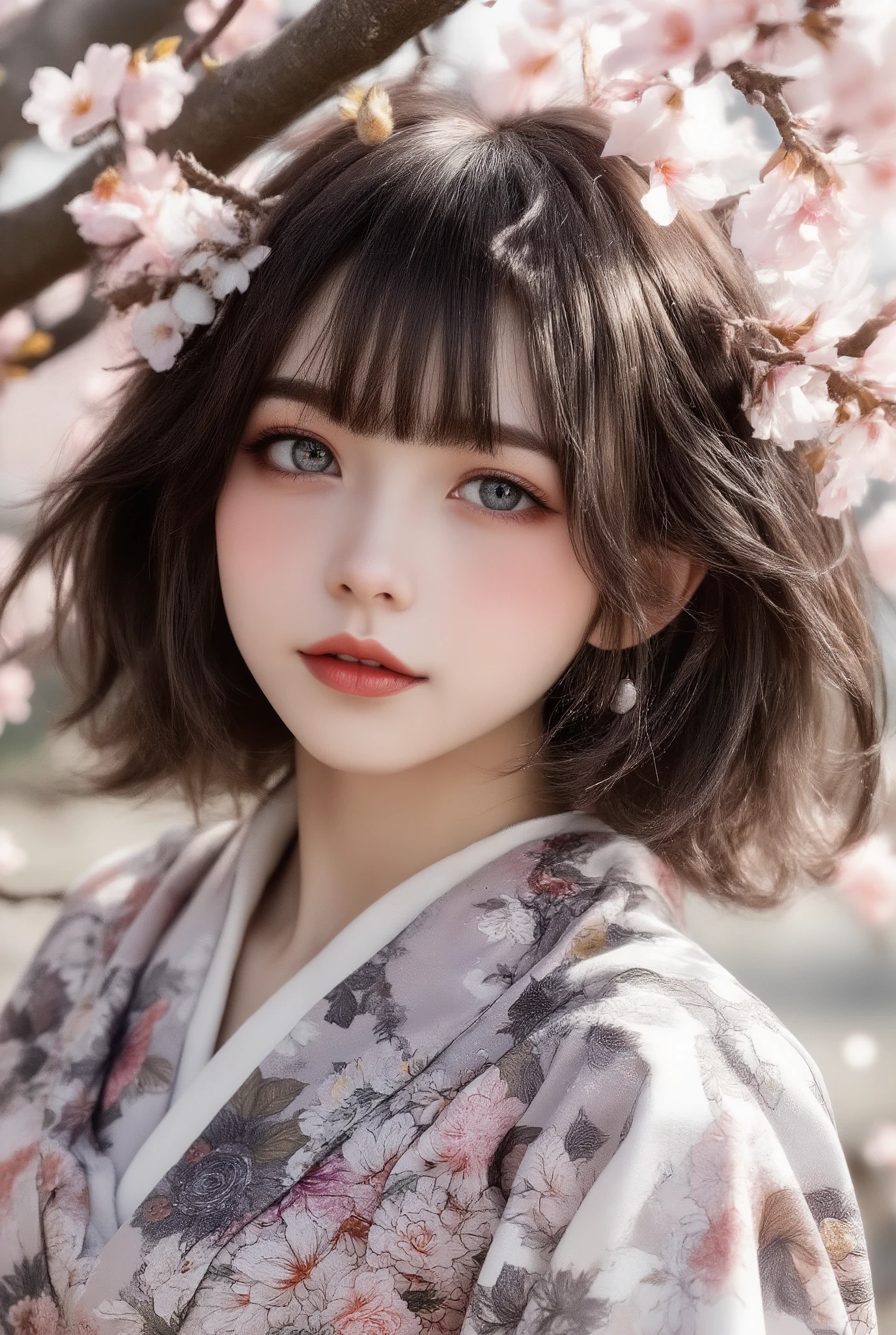 masterpiece, top quality, ultra-detailed, photo-realistic depiction, intimate and cinematic composition, a blushing girl in an intricately embroidered floral yukata, her bashful expression captured with vivid precision, her soft, short dark brown hair elegantly styled with delicate cherry blossom hairpins, her gentle and demure pose as she leans gracefully against a cherry blossom tree, her face in focus