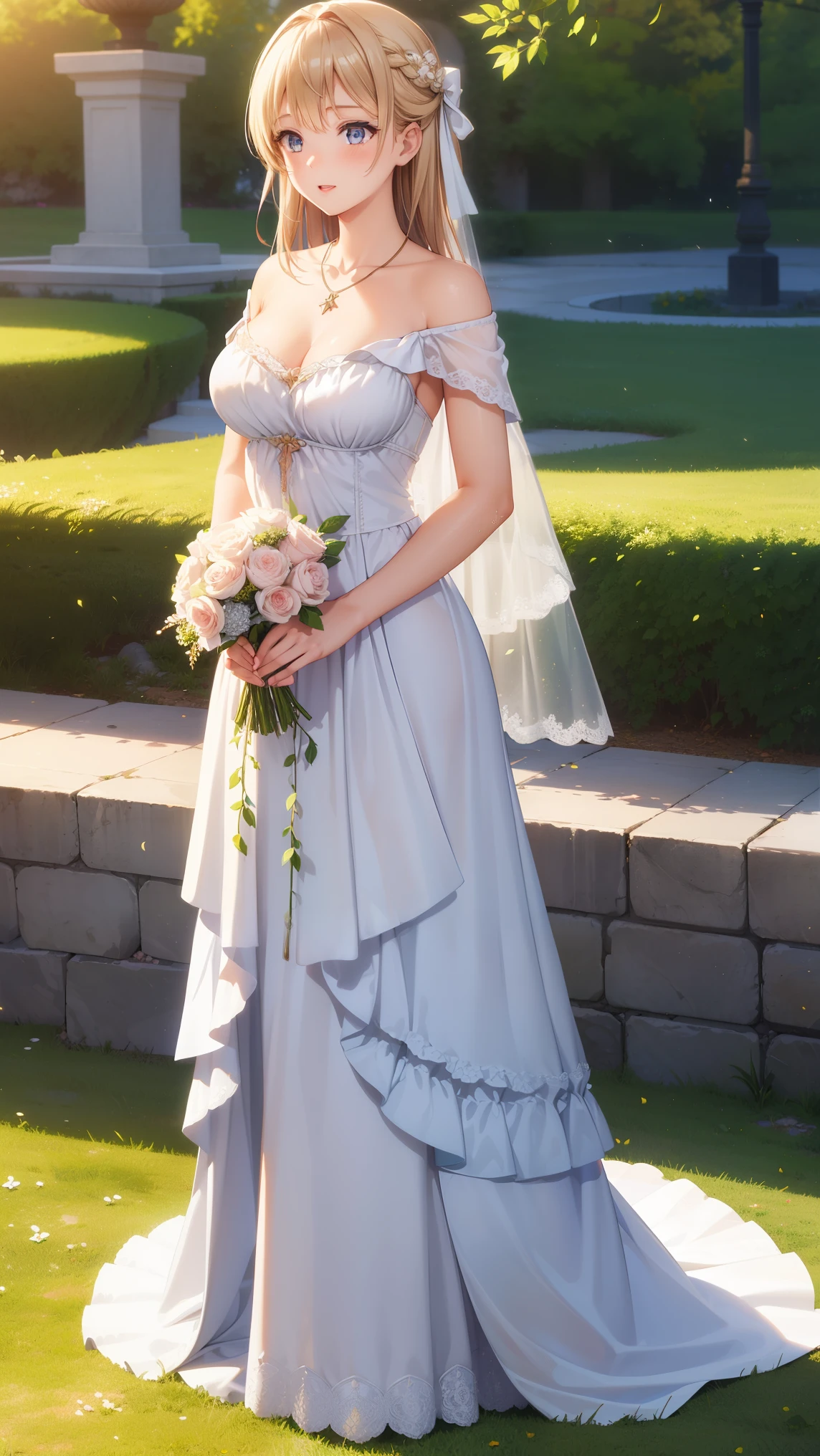 1girl, natural lighting, masterpiece, highly detailed, illustration, game CG, absurdres, high quality, beautiful detailed eyes, glossy lips, natural lighting, medium breasts, klaudia valentz, collarbone, layered wedding dress, garden, necklace, jewelry, happy, full body