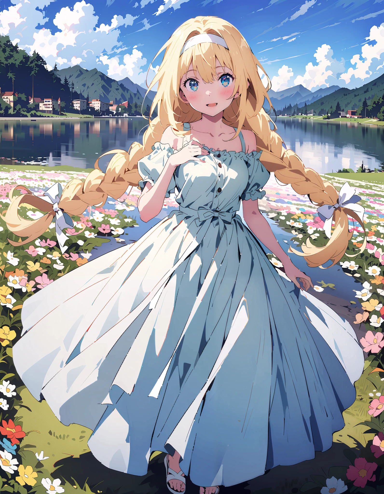 Alicesburg,  Alice Sberg , Alone,bangs,  blue eyes,   blond hair,  smile,blush, open your mouth, hair between eyes, Very long braids,  single braided , headband, white  headband,yellow off-the-shoulder dress,Medium breast, white long skirt, cute heeled sandals , are standing, Flower blowing snow, style so that the whole body is in the illustration ,
break outdoors, Flower Field, Compa,Large Lake,Mountain,
break looking at viewer,
break ( Masterpiece:1.2), top quality , kampala, Unity 8k Wallpaper,(shape:0.8),(  fine, beautiful eyes  :1.6),It's a person , full body photo,CG Details , ( perfect hands, Complete Anatomy),