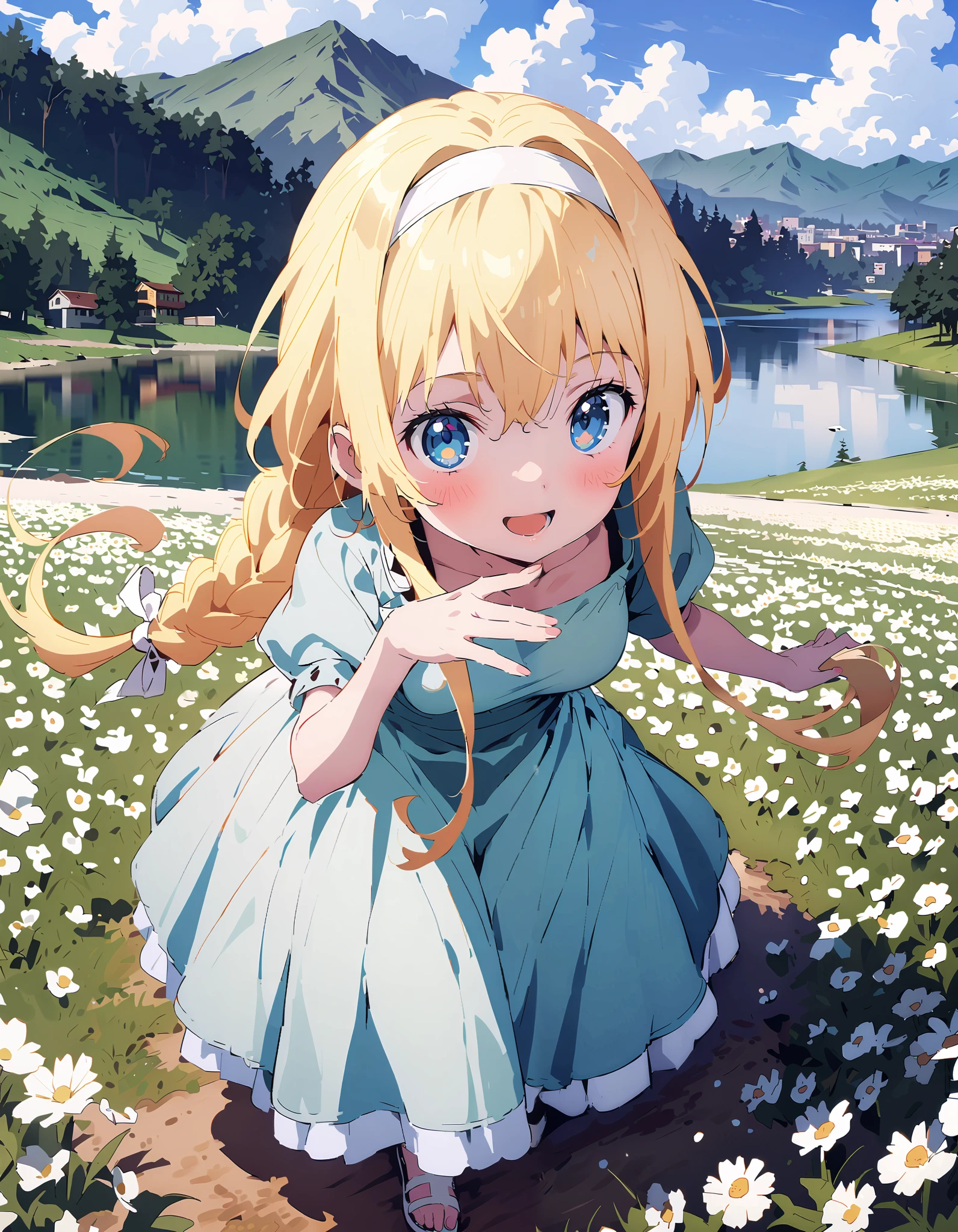 Alicesburg,  Alice Sberg , Alone,bangs,  blue eyes,   blond hair,  smile,blush, open your mouth, hair between eyes, Very long braids,  single braided , headband, white  headband,yellow off-the-shoulder dress,Medium breast, white long skirt, cute heeled sandals , are standing, Flower blowing snow, style so that the whole body is in the illustration ,
break outdoors, Flower Field, Compa,Large Lake,Mountain,
break looking at viewer,
break ( Masterpiece:1.2), top quality , kampala, Unity 8k Wallpaper,(shape:0.8),(  fine, beautiful eyes  :1.6),It's a person , full body photo,CG Details , ( perfect hands, Complete Anatomy),