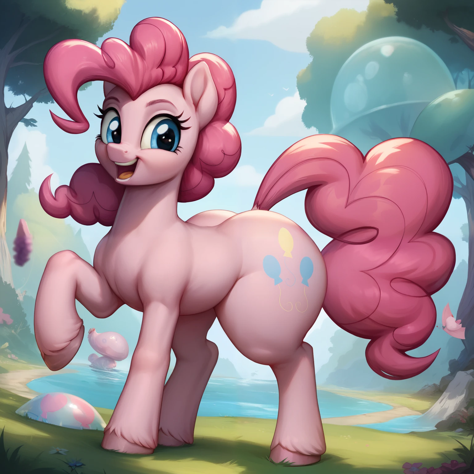score_9, score_8_up, score_7_up, score_6_up, score_5_up, source pony, my little pony, mlp, pinkie pie, detailed forest background, cute face, huge butt, teat, tits, like a blimp, wide hips, big ass, tetrapod, for legged, 4hooves, pony anatomy,