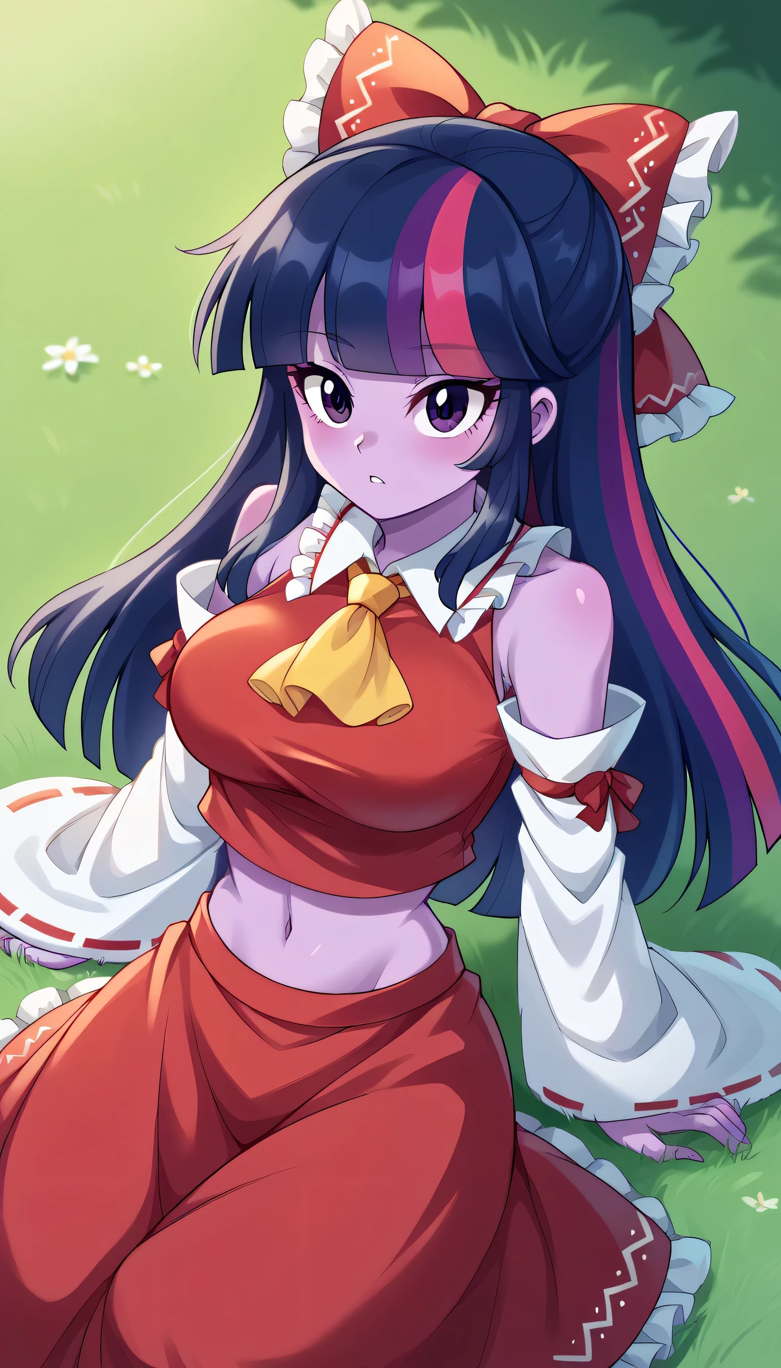 Twilight Sparkle  EQG  Blue hair Purple skin and eyes,long hair,Plain, grass, big breasts,hakureireimucosplay, hakurei reimu \(cosplay\), ascot, bare shoulders, detached sleeves, frilled bow, frilled shirt collar, frilled skirt, frills, midriff peek, red skirt, red shirt, sleeveless, sleeveless shirt, white sleeves, yellow ascot,