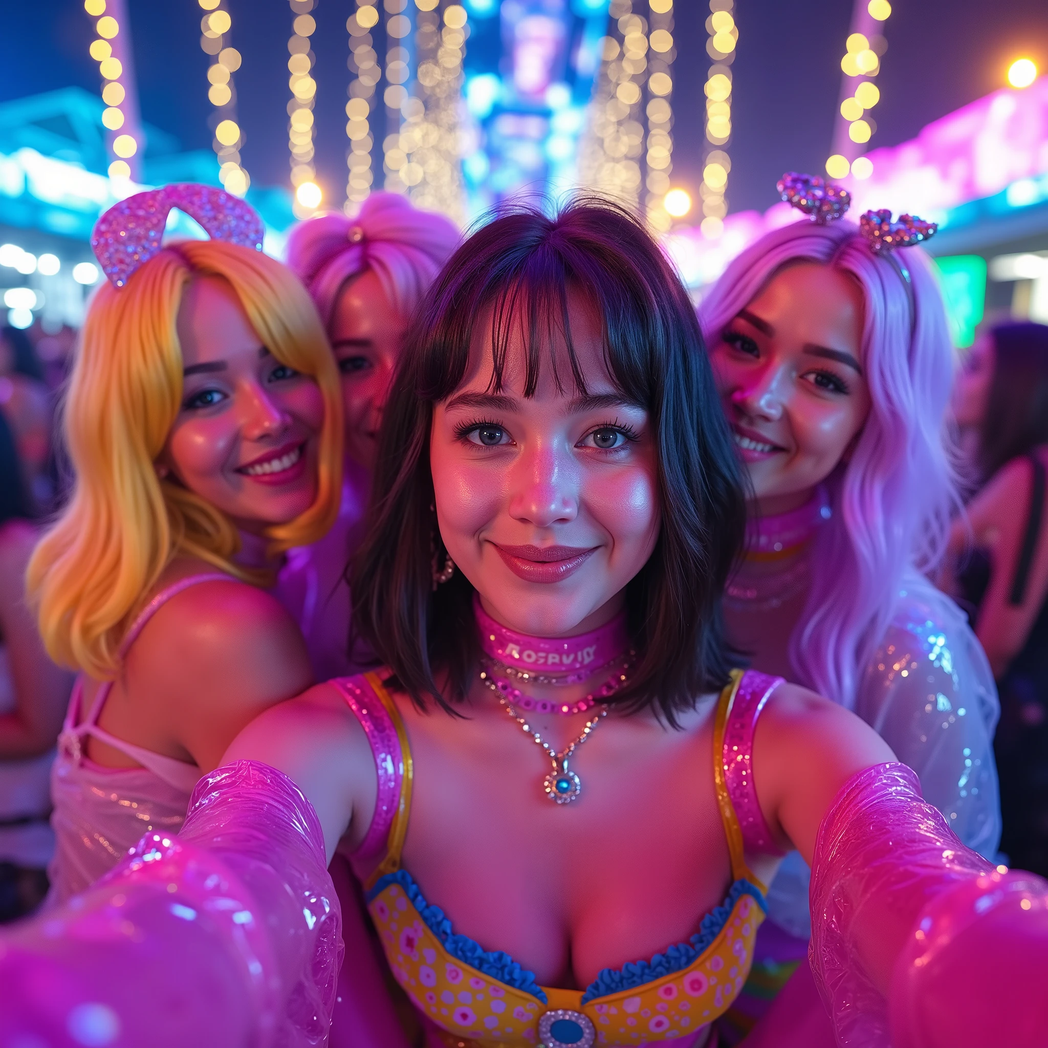 perspectiva de selfie , Cute and delicate girl with her best friends in a shiny latex disfraz de cosplay. disfraz de cosplay , festival.