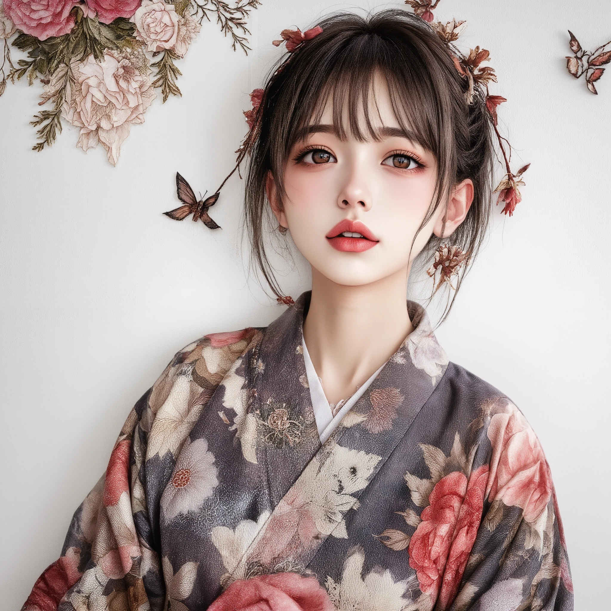 Masterpiece, highest quality, ultra-detailed, photo-realistic depiction, intimate and cinematic composition, girl in intricately embroidered floral yukata, her expression captured with vivid precision, her soft dark brown eyes, short dark brown hair elegantly, her gentle and demure pose leaning against a white wall, Frame the composition from the top of the head to the shoulders