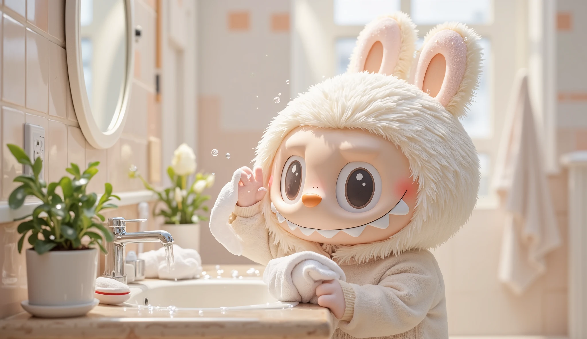 "A Labubu character with white fur is standing at the sink, washing their face. The character has a cheerful expression as they splash water onto their face, with droplets of water catching the light. They are surrounded by a clean, simple bathroom with soft, pastel-colored tiles and a small mirror above the sink.
A towel is hanging neatly beside the sink, and a small plant sits on the edge of the counter, adding a touch of freshness to the scene. The character’s fur is slightly damp as they gently pat their face dry with a towel, looking content and refreshed. The atmosphere is peaceful and serene, capturing a calm, everyday moment."