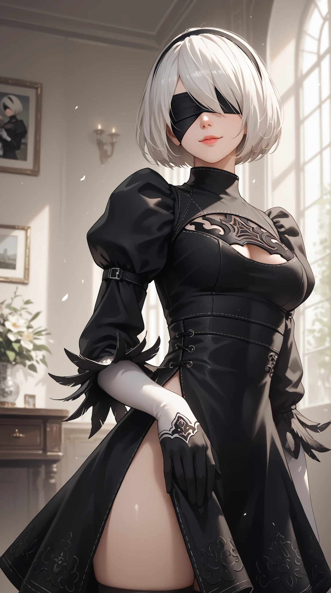 score_9, score_8_up , score_7_up , score_6_up , score_5_up , score_4_up , 2BNAXL , blindfold, black blindfold,  hairband , white hair, short hair, medium breasts, clothing cutout, cleavege cutout, black dress, puffy sleeves, feather-trimmed sleeves, black gloves, seductive smile, looking at viewer, indoors 、panoramic