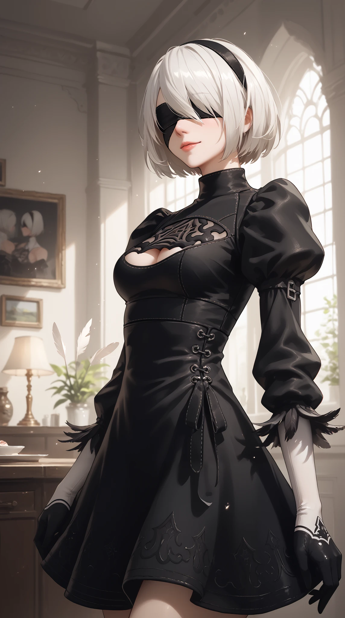 score_9, score_8_up , score_7_up , score_6_up , score_5_up , score_4_up , 2BNAXL , blindfold, black blindfold,  hairband , white hair, short hair, medium breasts, clothing cutout, cleavege cutout, black dress, puffy sleeves, feather-trimmed sleeves, black gloves, seductive smile, looking at viewer, indoors 、panoramic