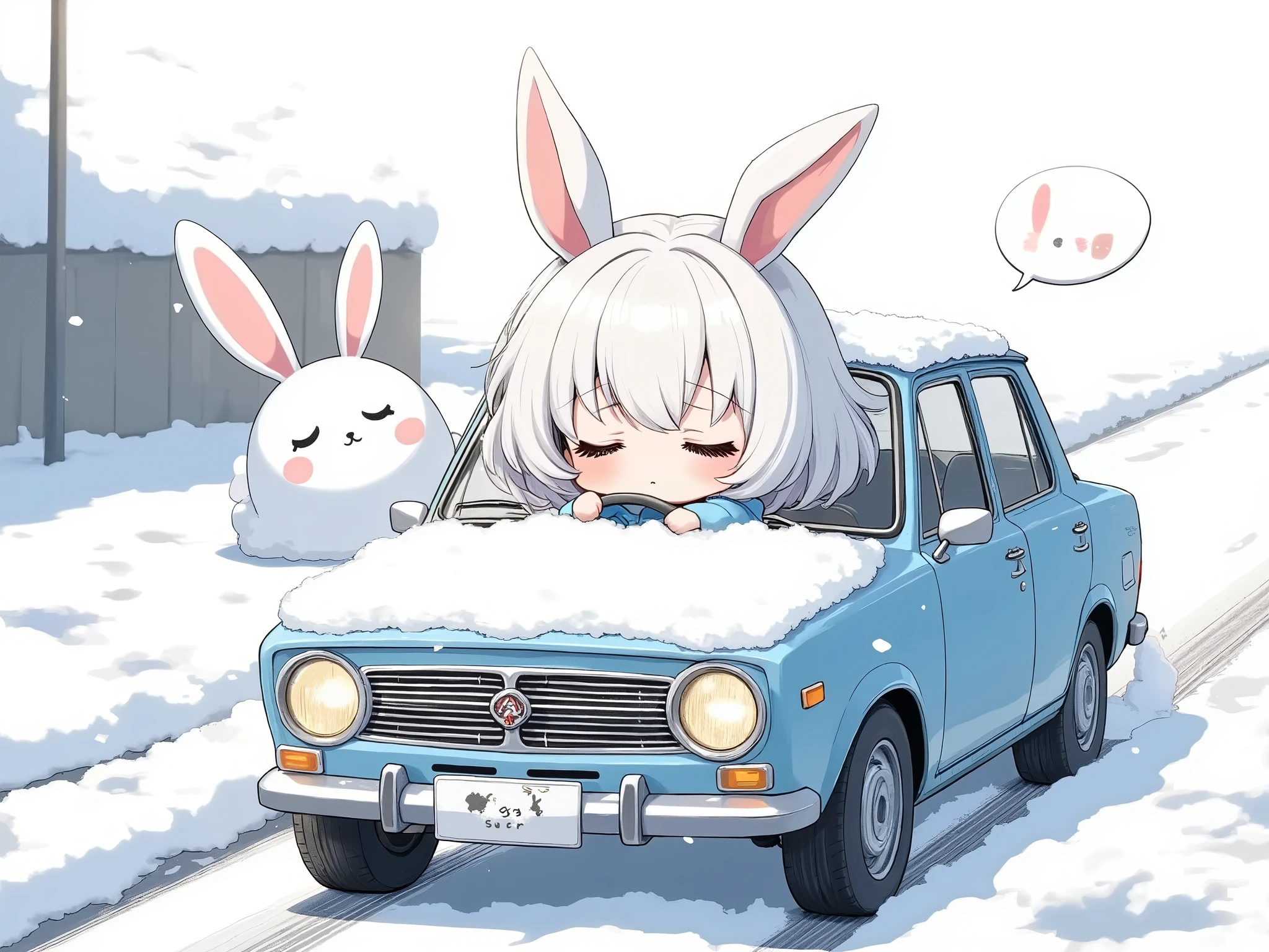 chibi-character diving in the Japanese heated table ,chibi-character\(short hair, Rabbit Ears, closed eyes, white skin, gentle expression, The girl in the hoodie\), cute snowman icon on the
speech bubble 、 her in a car, holding the steering wheel with both hands, driving a car, the car is on a straight road, The car's bumper features a metallic rabbit emblem, there is a large amount of snow piled up on the ground and on the roof of the car, the car is not moving forward and the tires are spinning, Tire spinning effect,the composition is drawn from a side and wide view of the car and the ground,heavy snowfall is blowing outside 、 her face looks so weak , the peaceful atmosphere of everyday life