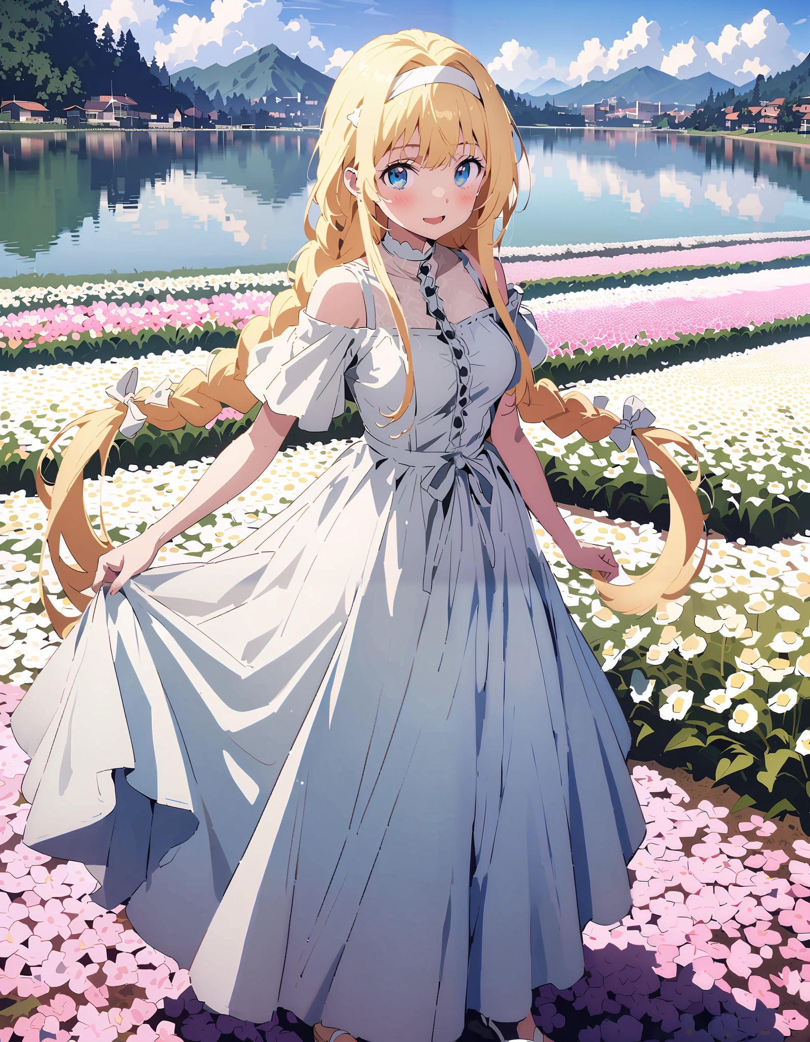 Alicesburg, Alice Sberg , Alone,bangs, blue eyes, blond hair, smile,blush, open your mouth, hair between eyes, Very long braids, single braided , headband, white headband,yellow off-the-shoulder dress,Medium breast, white long skirt, cute heeled sandals , are standing, Flower blowing snow, style so that the whole body is in the illustration ,
break outdoors, Flower Field, Compa,Large Lake,Mountain,
break looking at viewer,
break ( Masterpiece:1.2), top quality , kampala, Unity 8k Wallpaper,(shape:0.8),( fine, beautiful eyes :1.6),It's a person , full body photo,CG Details , ( perfect hands, Complete Anatomy),