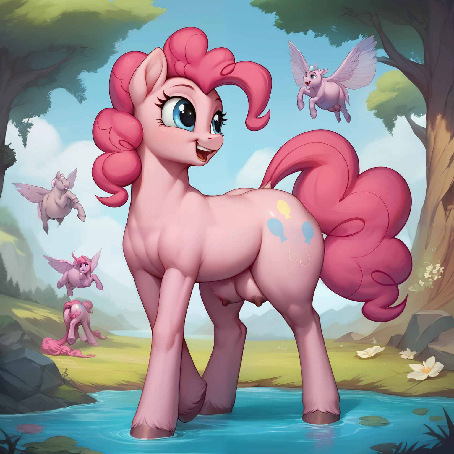 score_9, score_8_up, score_7_up, score_6_up, score_5_up, source pony, my little pony, mlp, pinkie pie, detailed forest background, cute face, huge butt, horse teats, breasts, like a blimp, wide hips, big ass, tetrapod, for legged, 4hooves, pony anatomy,