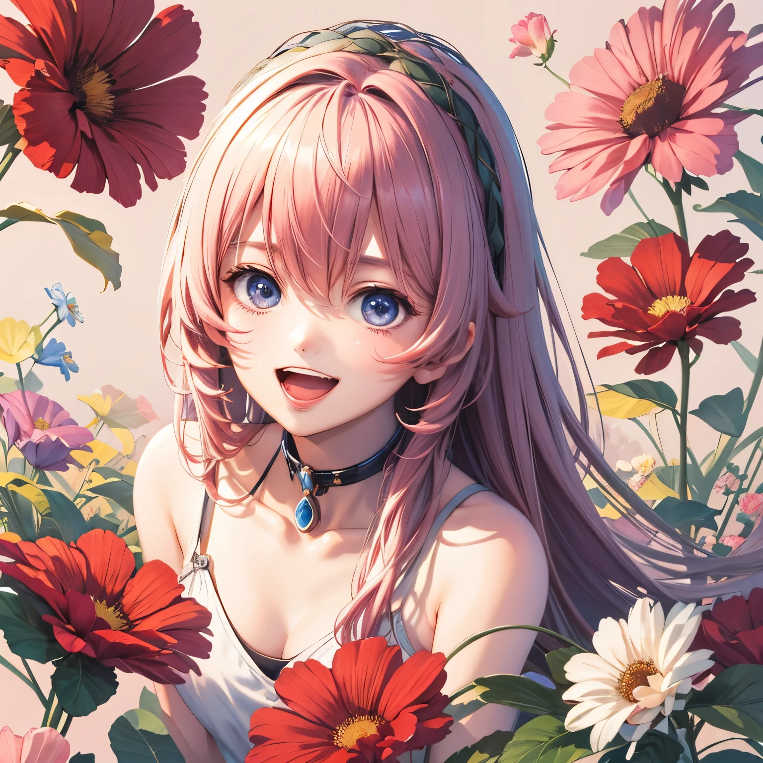 Megurine Luka, high resolution, gaze to God, blushes, smiles, open your mouth, top quality, Floral Background