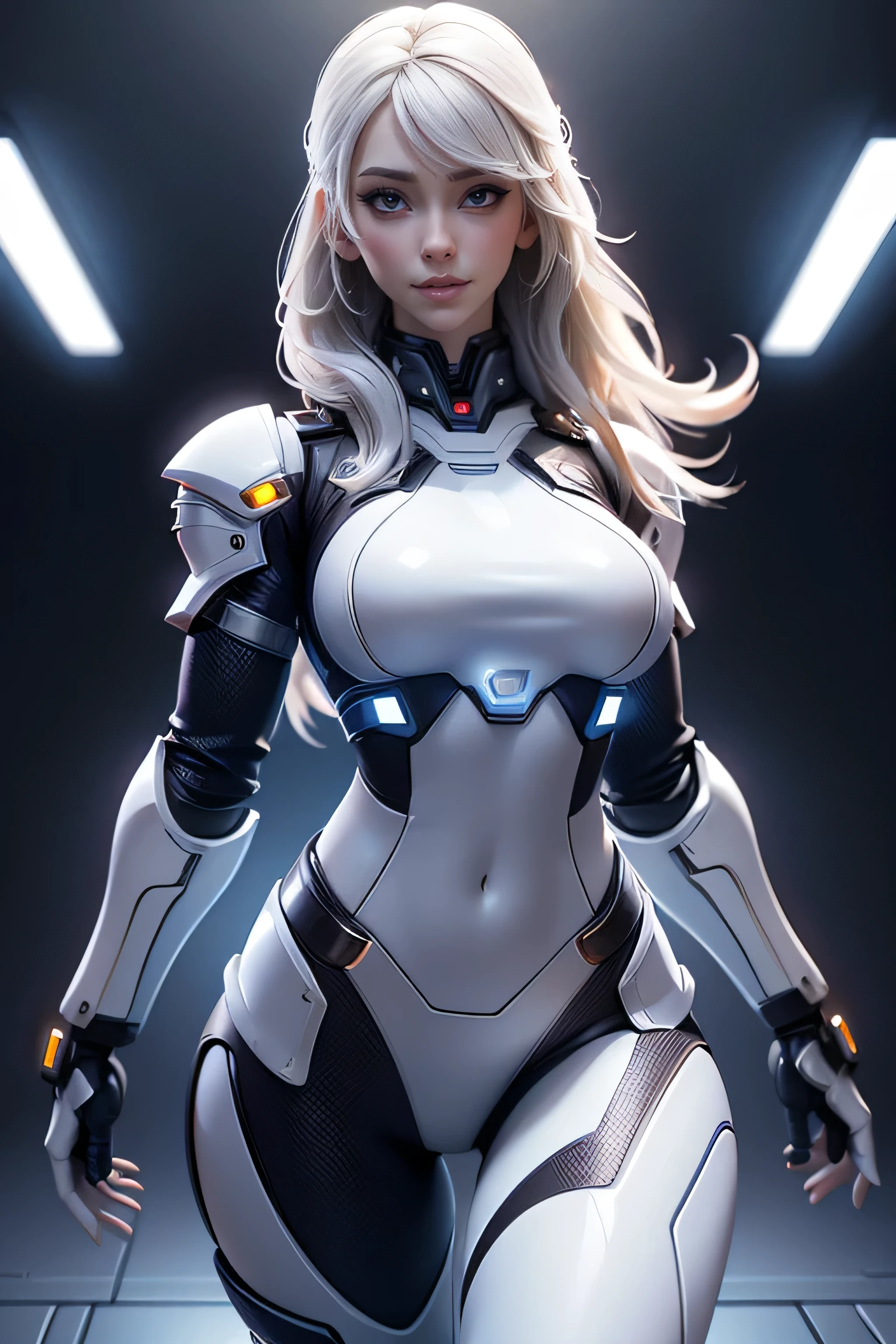 Young cyborg woman , cyber armor, sophisticated technology, with a bare belly , expression of happiness , natural lighting , ultra resolution , plain white background , without patterns, No textures.