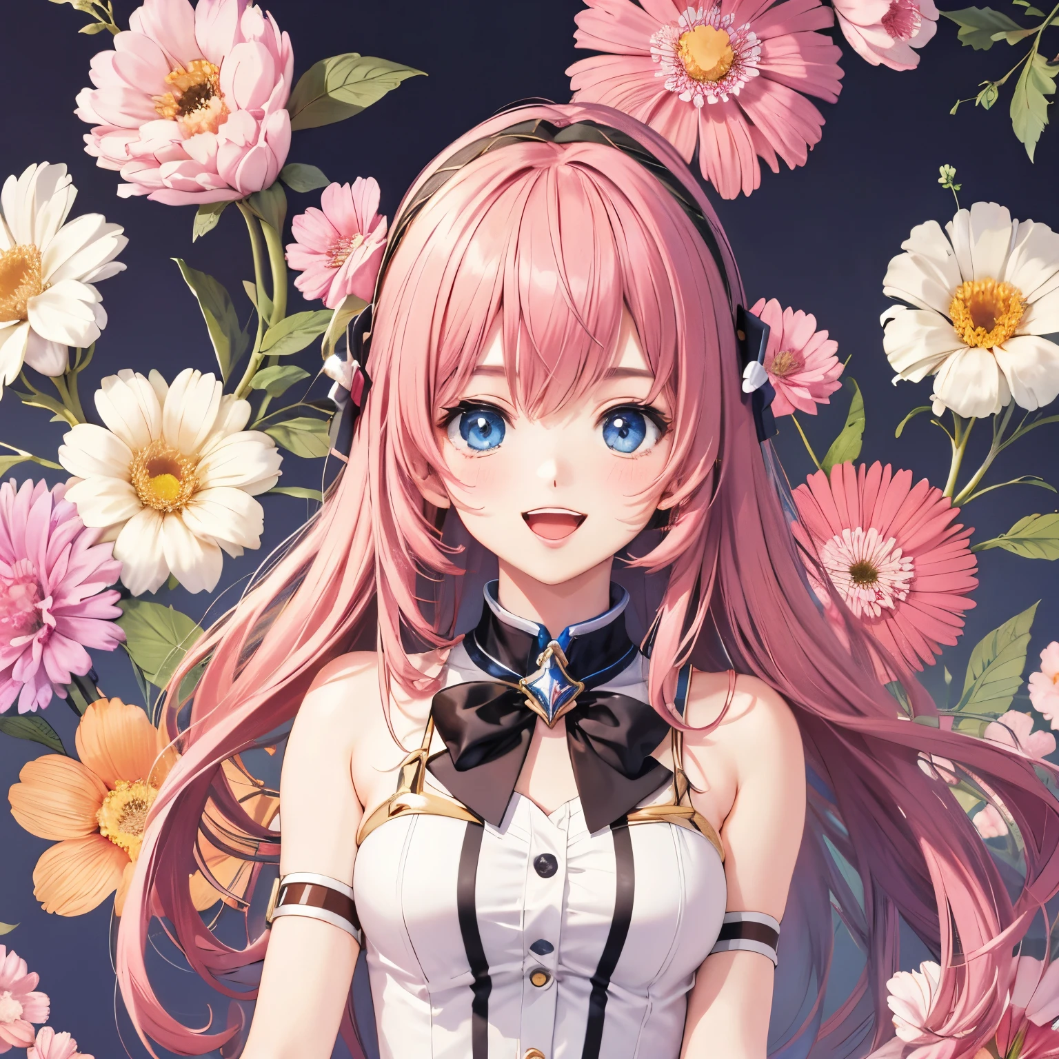 Megurine Luka,  high resolution,  gaze to God,  blushes,  smiles,  open your mouth,  top quality, Floral Background