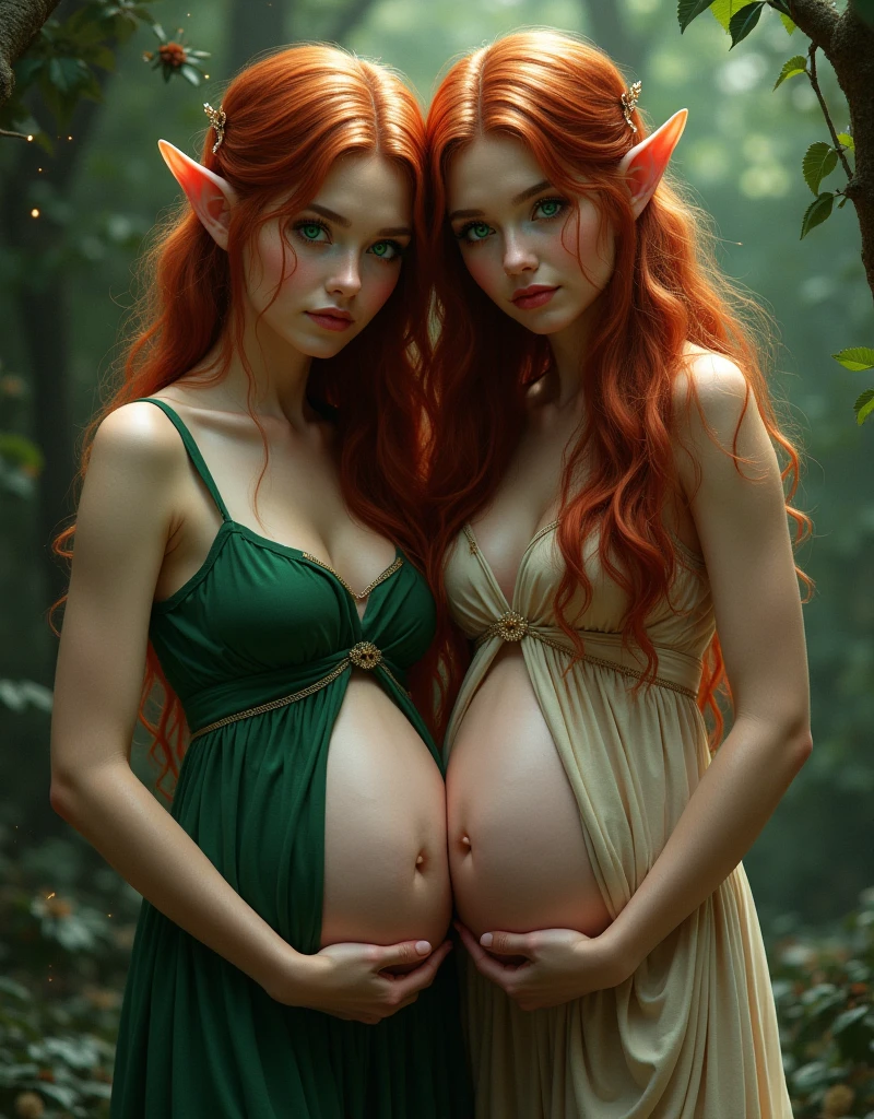 2 realistic elf women, very detailed faces, brown hair, full body, NSFW, red blush, blushing, slim abdomen: 1.2, detailed eyes, sexy, undressed, naked, open mouth. pregnant, standing by wooden pole