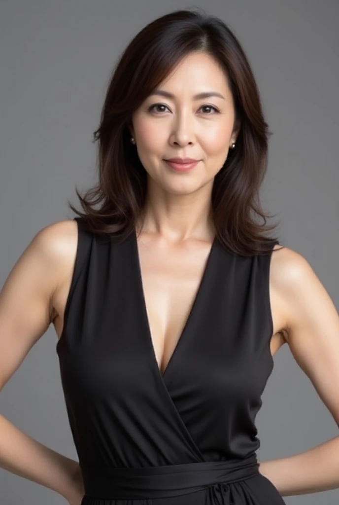 Masseter muscle area, Highest quality, masterpiece, High resolution, Photorealistic, RAW Photos, 8k wallpaper, perfection, Professional Lighting, Very detailed, Depth of written boundary, ((Beautiful woman)), ((Sexy 50 year old women)), (In the hotel lobby), ((Dark colored dress)), ((Look into the viewer's eyes)), Detailed face, Beautiful Eyes, (Maintain good posture and stand at an angle), Bans, Shapely small breasts, (Sexy look), Light brown straight hair, (Thick lips),Deep slit、Beautiful feet、whole body