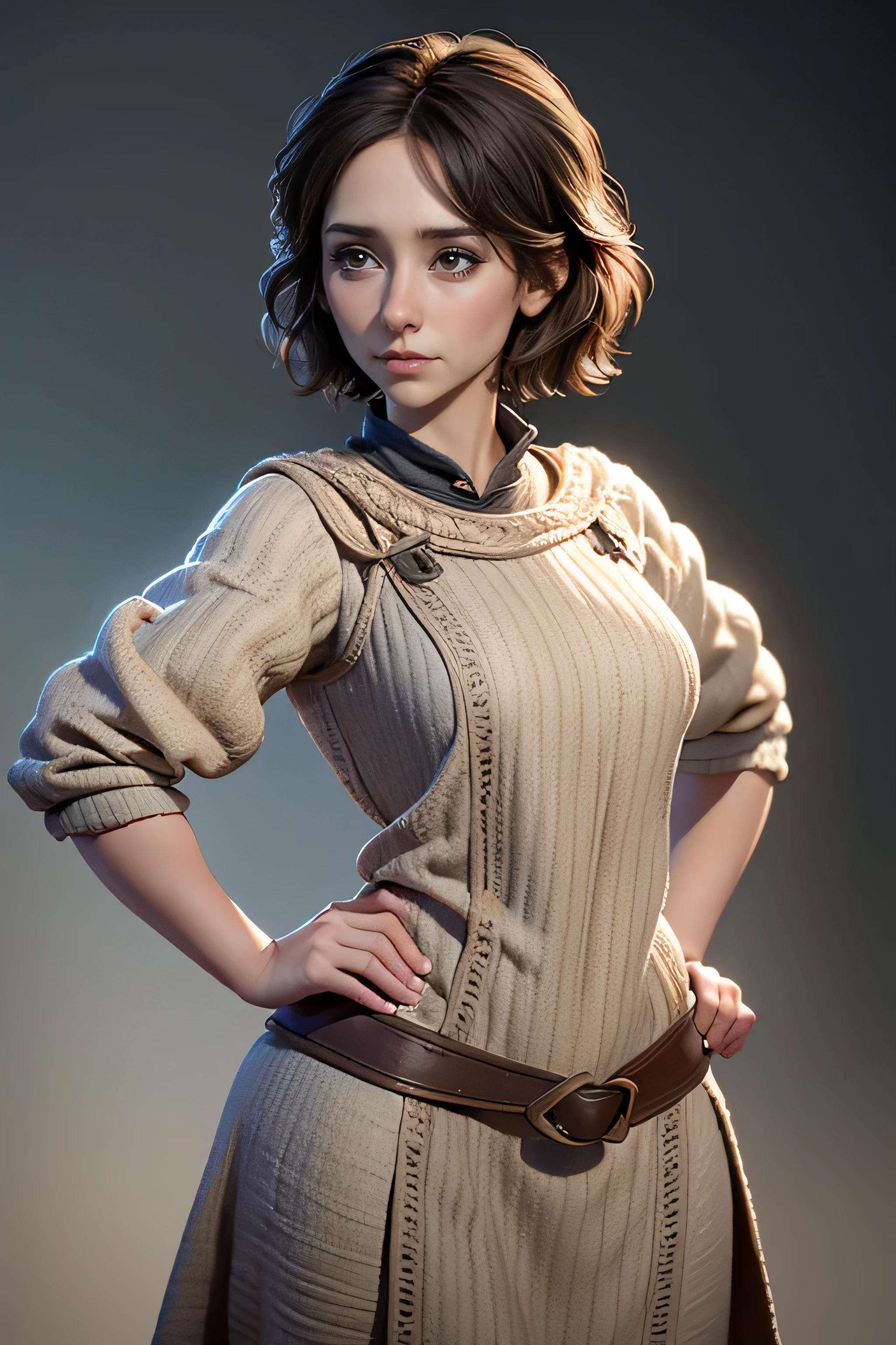 Peasant woman from " Game of Thrones", short hair , brown eyes, Confident and determined , firm stance, safe expression, natural lighting , ultra resolution , plain white background , without patterns, No textures.