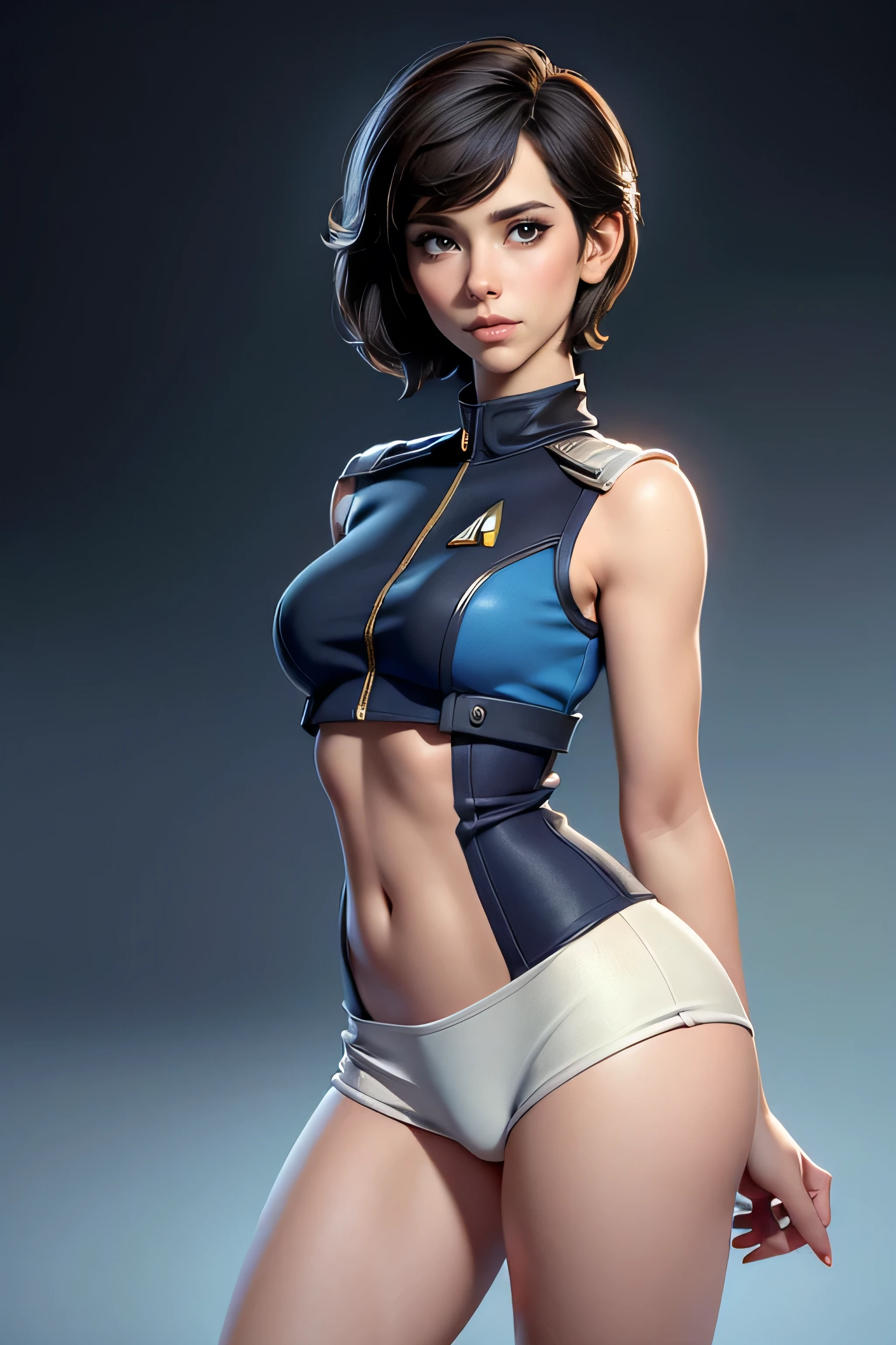 Female crew member of the USS Enterprise from Star Trek, short hair , brown eyes, Confident and determined , firm stance, safe expression, natural lighting , ultra resolution , plain white background , without patterns, No textures.