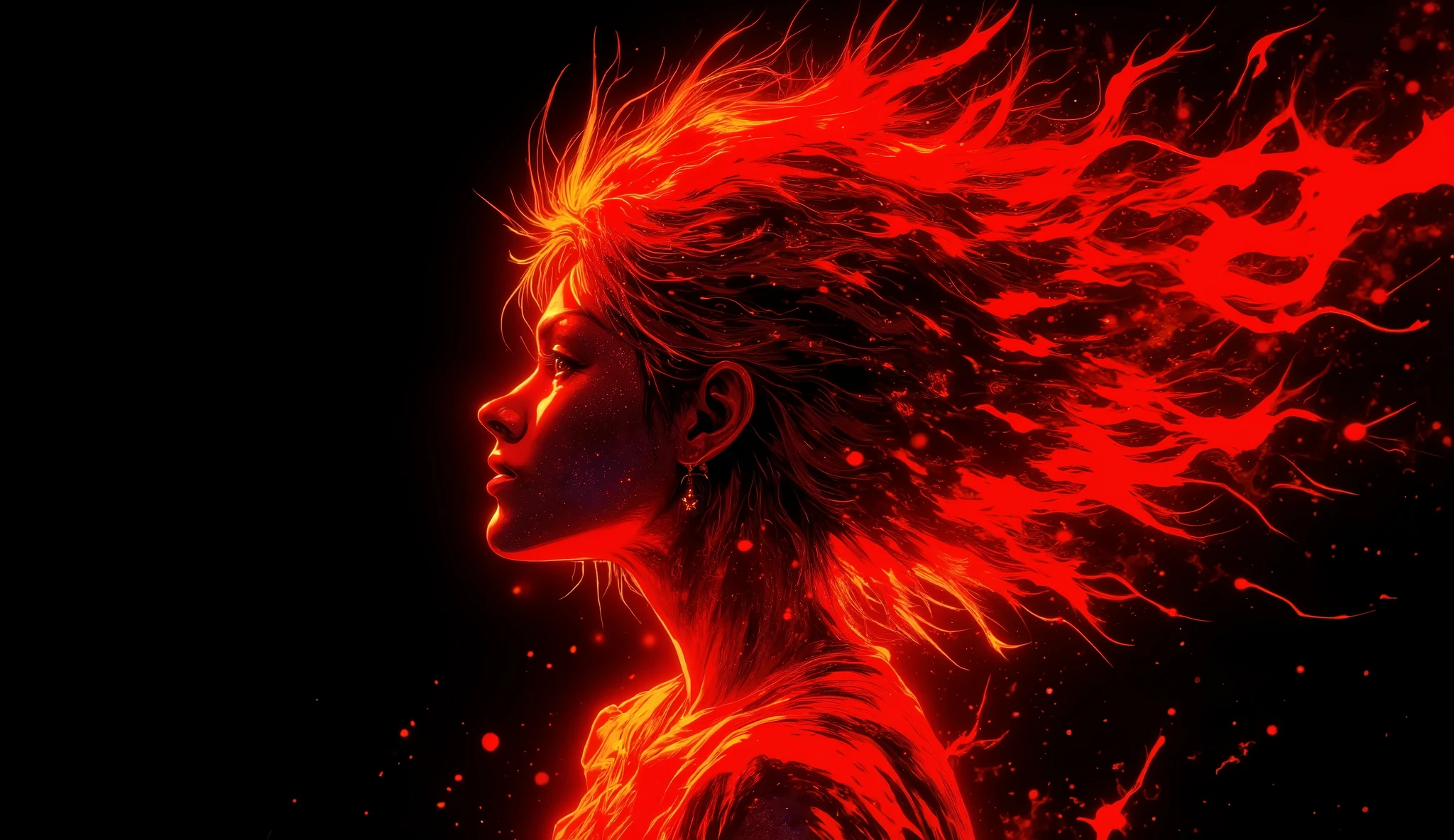 high quality, 8K ultra HD, Una hermosa double exposure que combina una silueta de mujer con un fuego rojo enorme que se mezcla con su pelo, el fuego rojo should serve as a backdrop, with its details incorporated into the woman , sharp lines, The background is black, sharp focus, double exposure, By Yukisakura, stunning full color, anime