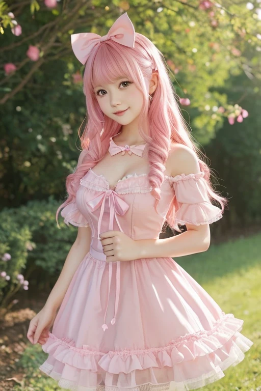 Girl with pink hair,ゴージャスなMagical girlの衣装, Pink dress with ribbons and frills, I have a magic wand in my hand, Pink heart on the end of a stick, Magical girl, , Gentle expression, Small breasts, Adult, Fairy