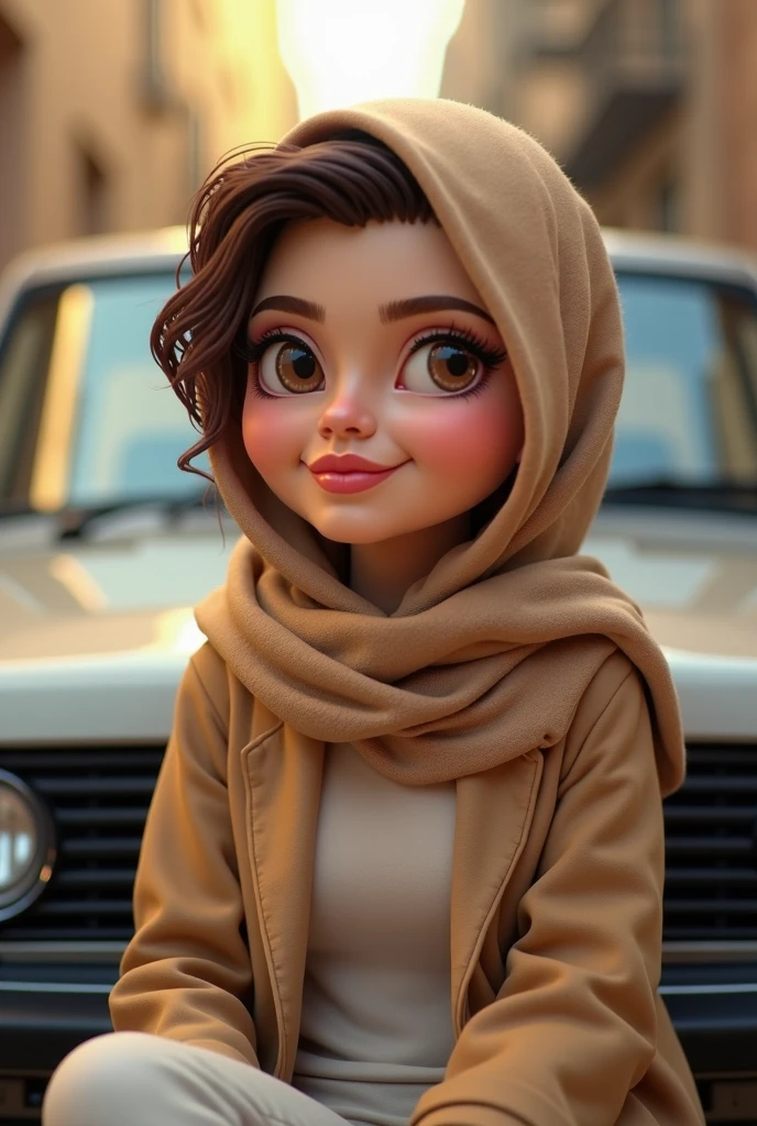 realistic face features, 1girl, cute face, pretty face, cute eyes, chubby body, white hijab, white chino pants, blue shirt, nervous facial expressions, very sweaty, in car, driving car, leaning to the left, left hand on steering wheel, right hand on ???, dirty pants, dirty clothes, sweaty clothes, (((make the whole image filthy and dirty))), (((some mud dripping from pants))), stinky atmosphere, filthy atmosphere, mud on pants, disgusting pants, (((extreme amount of mud on ??????))),