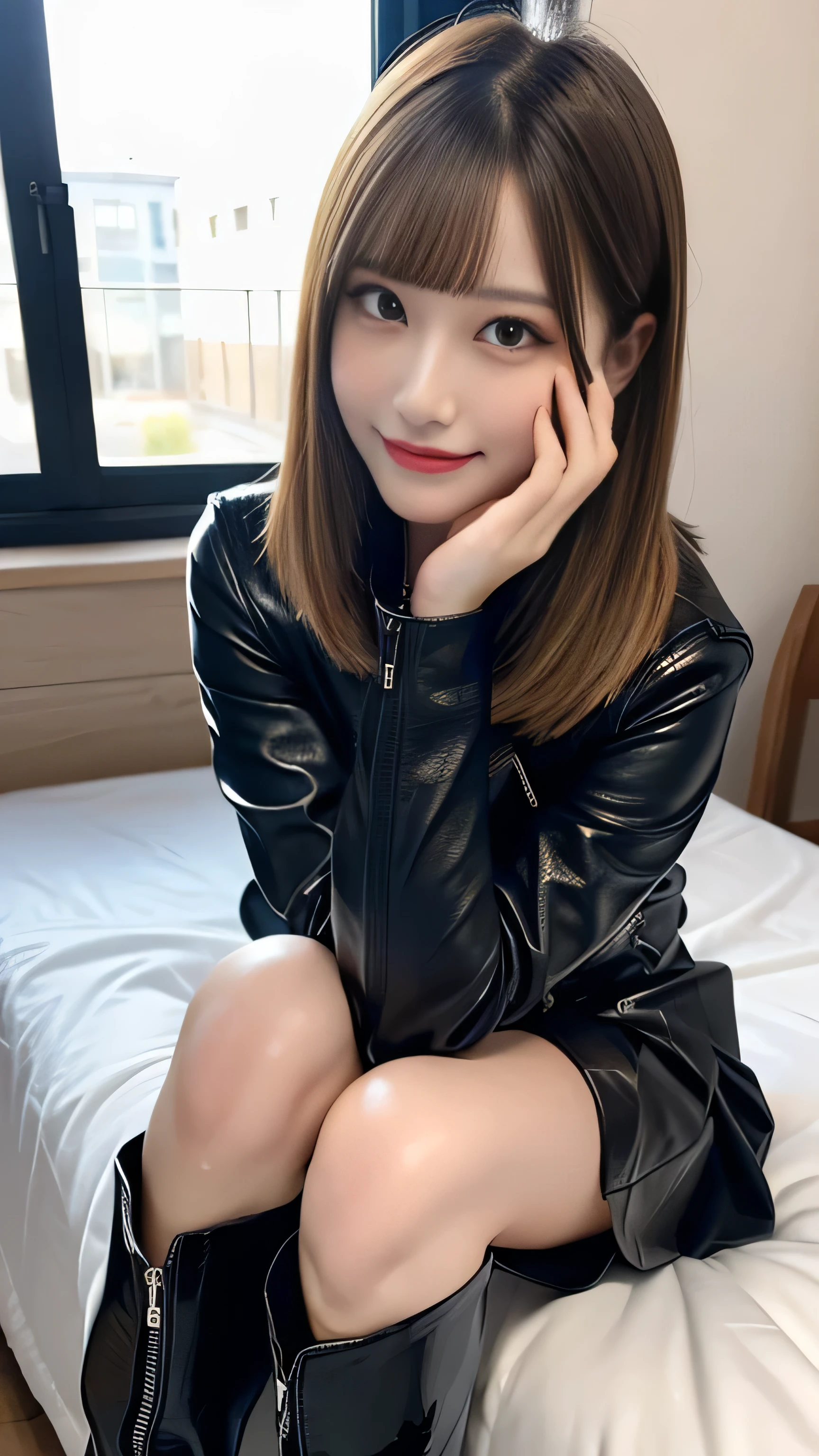 front view:1.5, large breast:1.4, full body photo,((focus on crotch)), genuine leather inner tube top, she is in a room,sitting on the bed, one girl, High resolution ,blonde hair, Light Hair Color, sexy, Beautiful eyelashes ,High resolution ,Zoom out ,20-year-old ,Highest quality ,Very detailed ,Finer details ,High resolution ,8k wallpaper ,Beautiful eyes in every detail ,Natural lip color ,very beautiful:1.5, Full body,front view:1.5,gazing camera, (riders leather thick Jacket,knee high boots, very high gloss,brown leather pleated mini thick skirt, Little Devil Smile), curvy thighs:1.5, (a beauty girl, delicate girl:1.3), break, very fine eyes, (symmetrical eyes:1.3), break,brown eyes, parted bangs,best smile, break, (eyes and faces with detailed:1.3), break, (masterpiece, best quality, ultra detailed, detailed face, 8k)