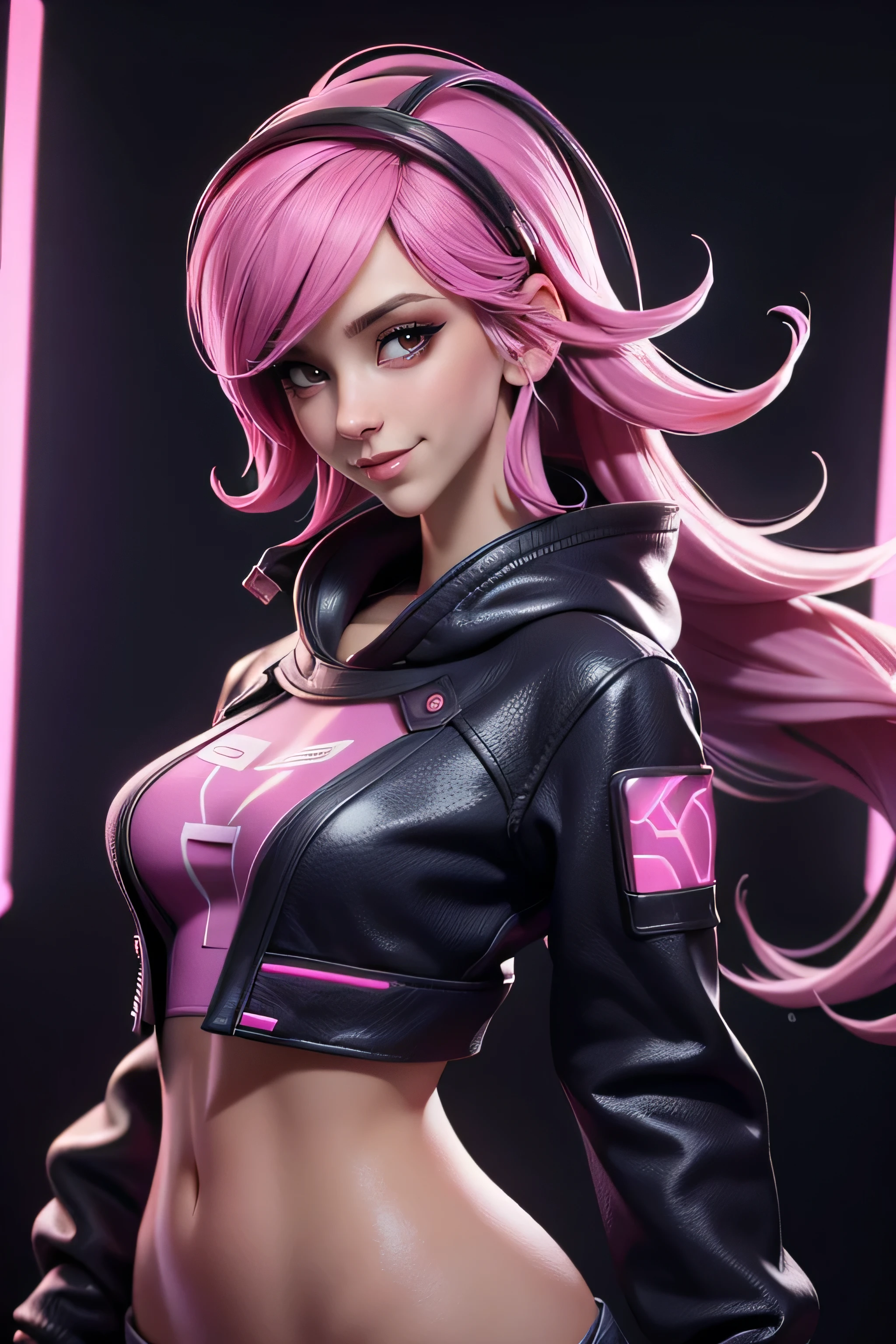 Cute girl with pink hair, black sweatshirt, AuriculAres, cyberpunk, looking at the viewer, hair band, seductive pose , Slim Body Coats, Seductive smile, natural lighting , ultra resolution , plain white background , without patterns, No textures.