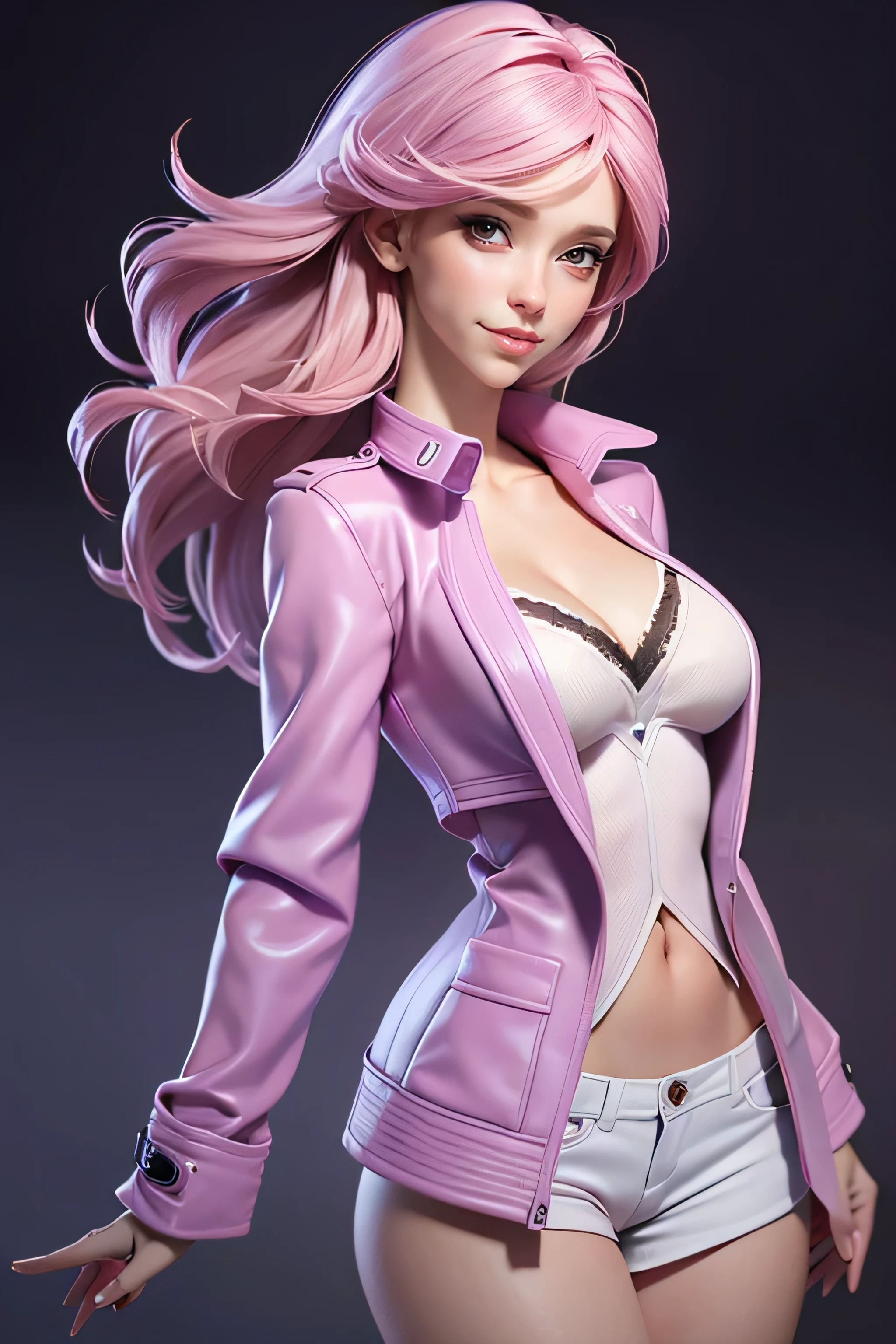 Young woman, light pink hair, violet eyes, wry smile, short jacket, well-fitting blouse , Slim Body Coats, super model, natural lighting , ultra resolution , plain white background , without patterns, No textures.