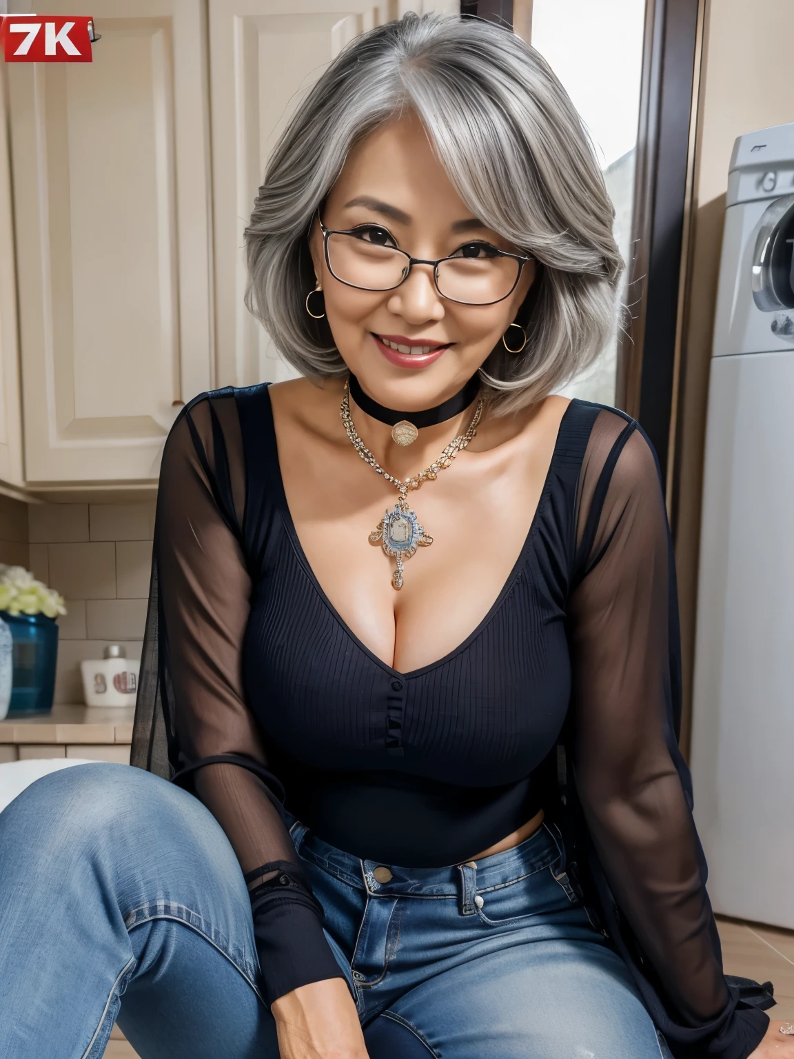 75 years old Mom MILF Chinese Lady large earring Big choker navel piercing decoration A bracelet Silver Hair realisitic Gorgeous Madame Beautiful Mature Woman sexy Smile Gentle woman navel piercing 4K High quality 手は下に