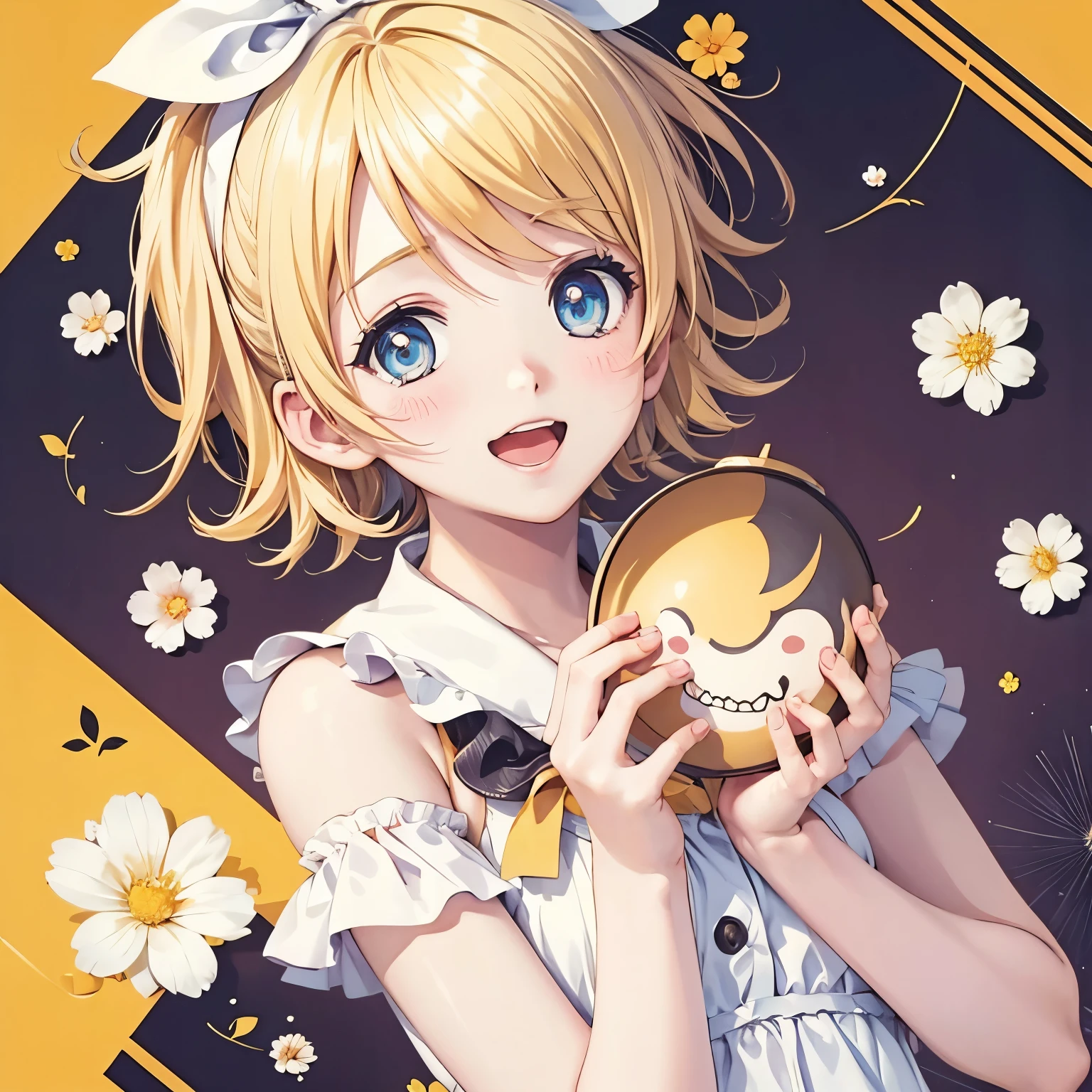 kagamine rin, high resolution,  gaze to God,  blushes,  smiles,  open your mouth,  top quality, Floral Background