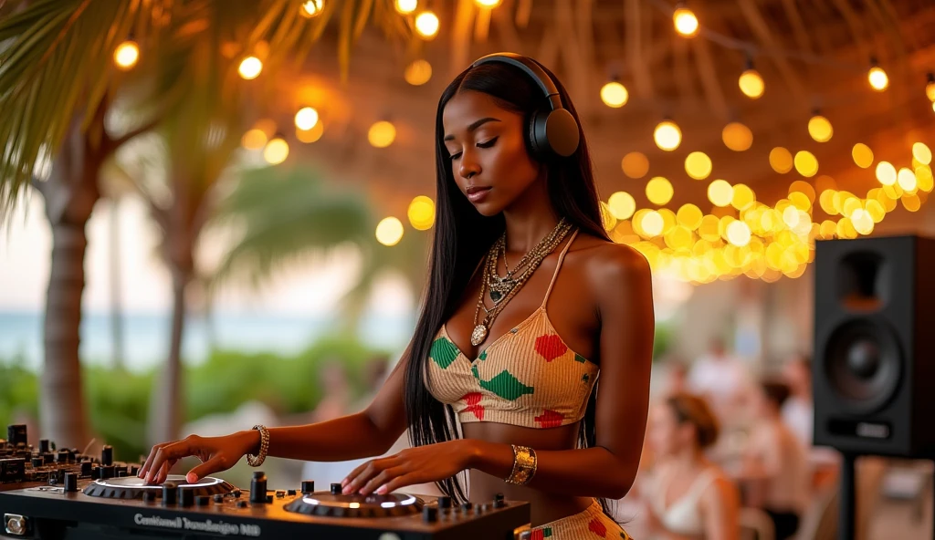 Create a music scenario for a DJ in a Caribbean beach with palm trees.