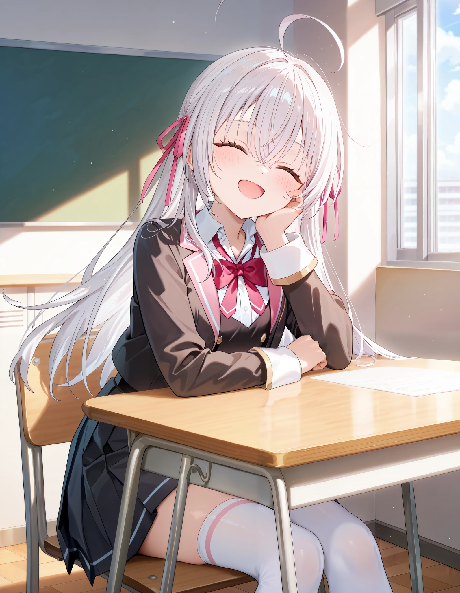 masterpiece, best quality, highly detailed, ultra high res, 1girl, alya_def, silver hair, long hair, ahoge, school uniform, red bowtie, open jacket, black skirt, pleated skirt, white thighhighs, hair ribbon, pink ribbon, smile, happy, opened mouth, hand on cheeks, Sitting, Sitting on chair, school table, indoor, classroom 